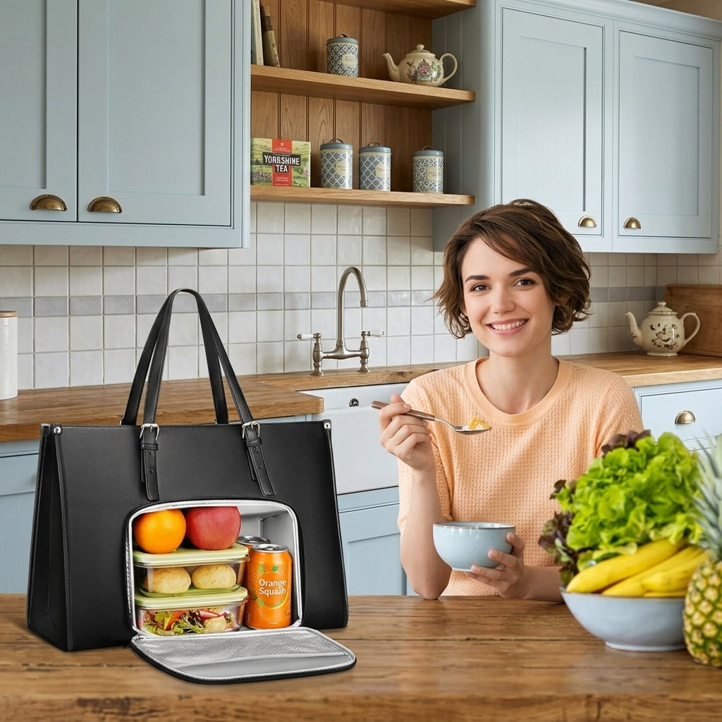 Sac cabas pour ordinateur portable avec compartiment déjeuner isotherme, sacoche en cuir synthétique polyuréthane 15,6 pouces avec poche étanche pour boîte à déjeuner pour femme