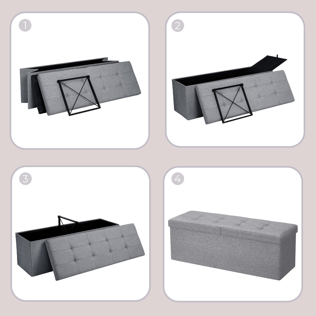 JOYFURNOS Banc de Rangement Pliable, 38 x 110 x 38 cm, Couvercle Rabattable, Capacité de 300 kg, pour Entrée, Salon, Chambre, Gris Foncé