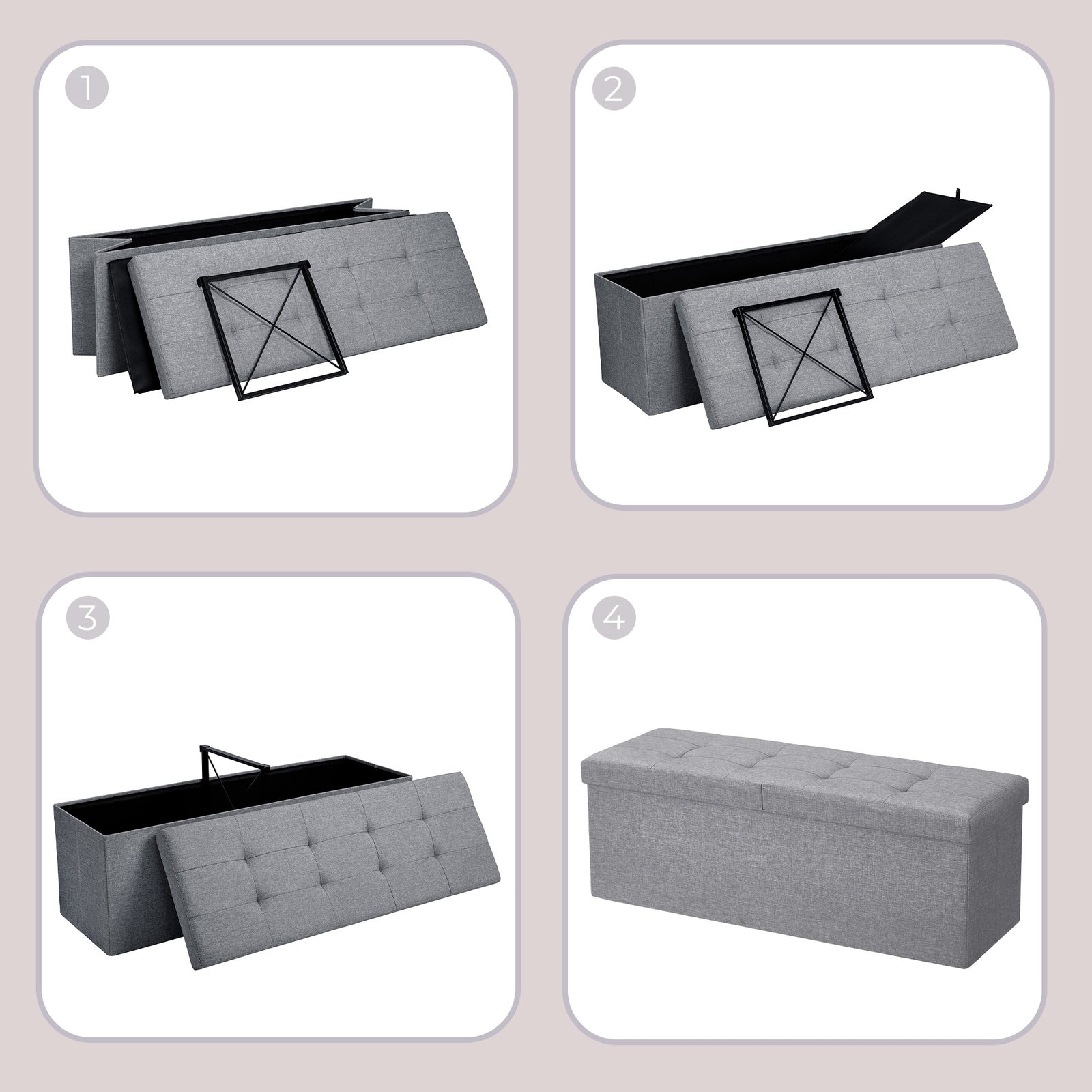 JOYFURNOS Banc de Rangement Pliable, 38 x 110 x 38 cm, Couvercle Rabattable, Capacité de 300 kg, pour Entrée, Salon, Chambre, Gris Foncé