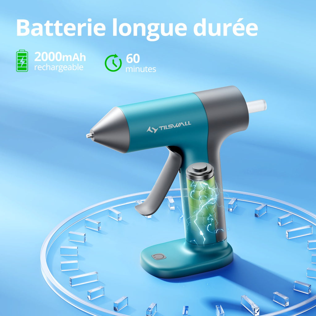 TILSWALL Ideal Mini pistolet à colle chaude sans fil avec 20 bâtons de colle 7 x 140 mm, Rechargeable USB-C, Chauffage rapide 30 s, Buse anti-goutte, Bleu