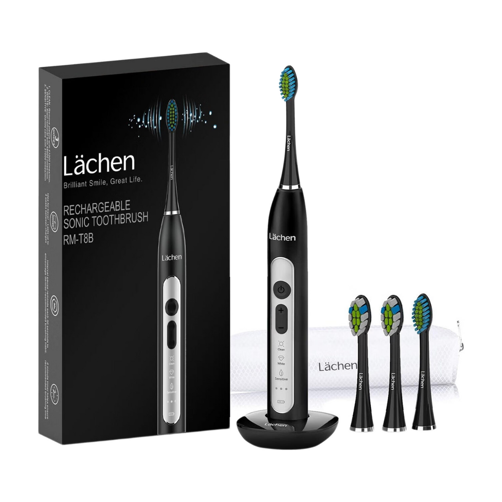 Lächen Brosse à dents électrique sonique pour adultes – Rechargeable, avec étui et 6 têtes de brosse – Idéale pour les voyages et l'usage familial – Recharge sans fil, 5 modes, 48 000 VPM - Noir