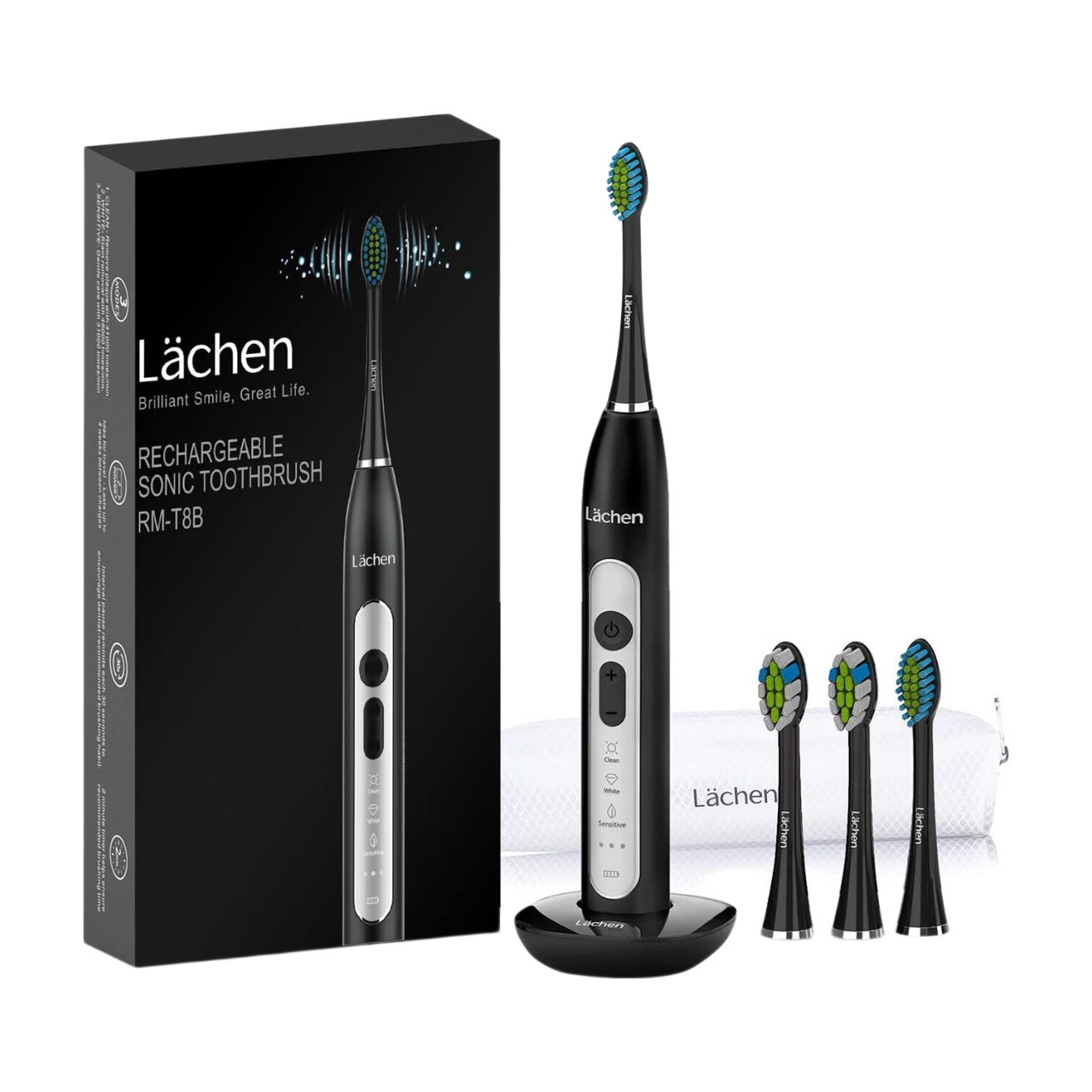 Lächen Brosse à dents électrique sonique pour adultes – Rechargeable, avec étui et 6 têtes de brosse – Idéale pour les voyages et l'usage familial – Recharge sans fil, 5 modes, 48 000 VPM - Noir