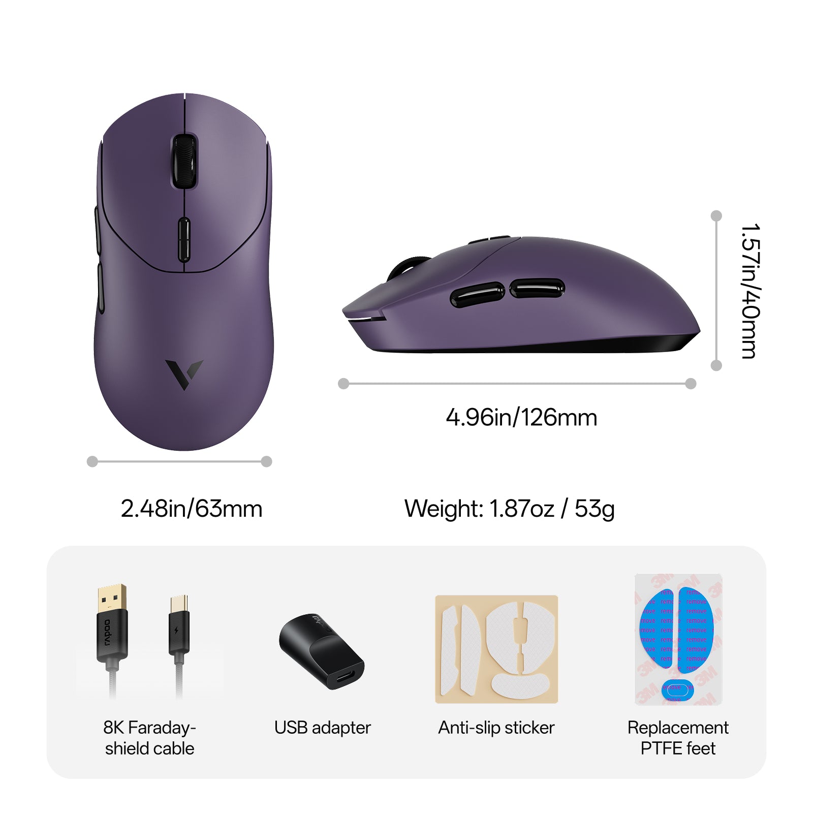 Rapoo VT2 Souris gaming sans fil, Taux d’interrogation sans fil 8K réel, 53 g Ultra légère, Batterie jusqu’à 750 h, MCU Nordic nRF54L15, Commutateur mécanique 100 millions