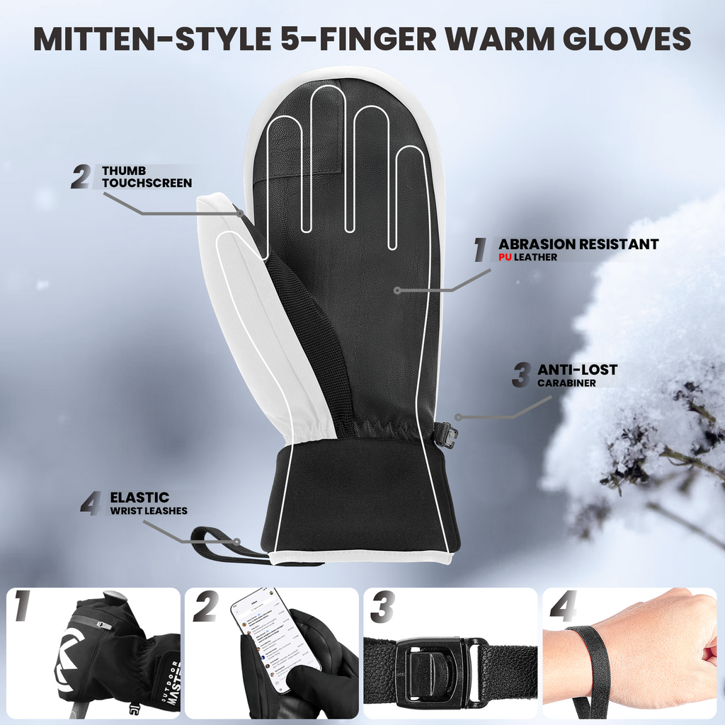 OutdoorMaster Moufles de ski adultes pour femmes et hommes, Gants de ski imperméables et coupe-vent, Gants de snowboard chauds d’hiver Blanc L