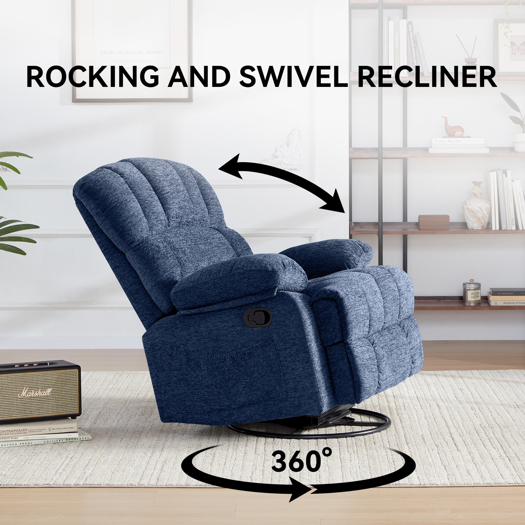 HONEYOU Fauteuil pivotant et bascule surdimensionné avec cadre OKIN, Chaise bascule à 360°, Canapé rembourré manuel pour salon et chambre, Bleu