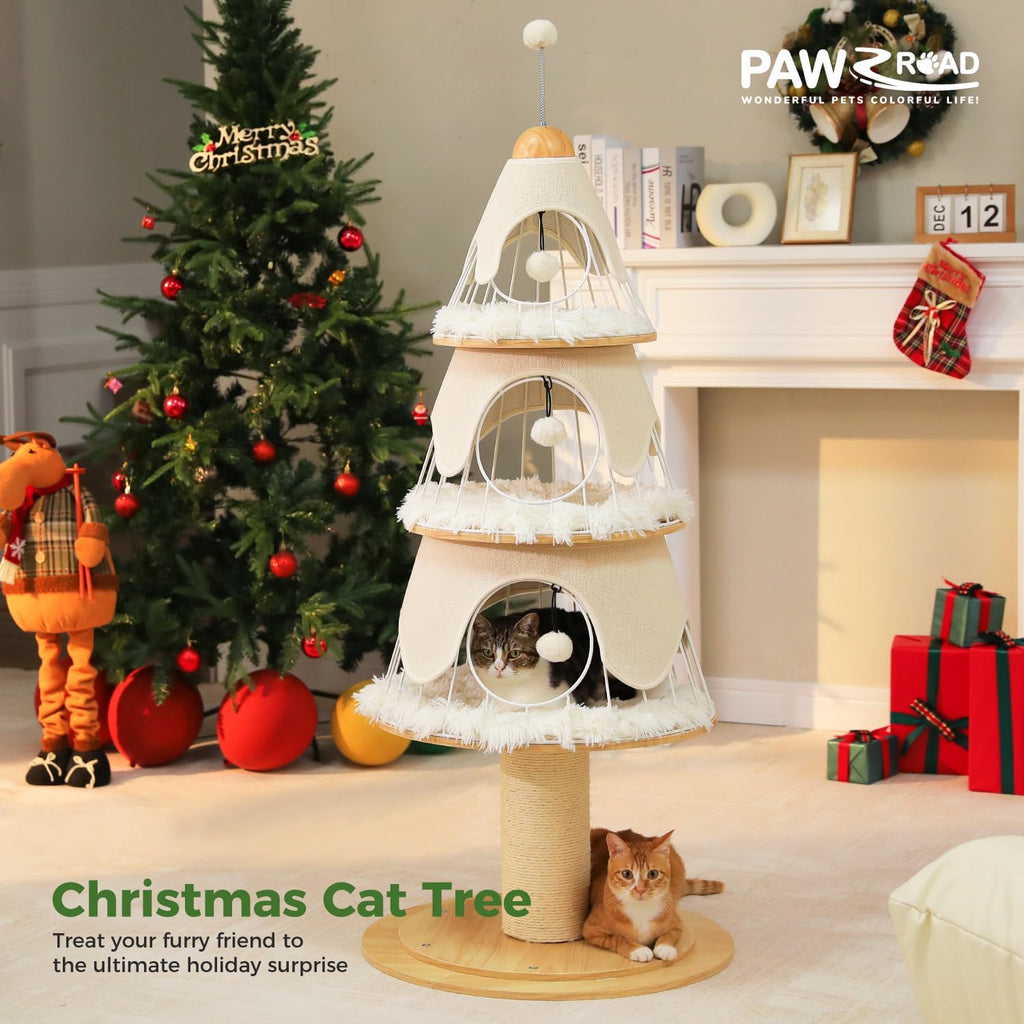 PAWZ Road Arbre de Noël pour chat 130 cm, tour pour chat avec poteau à griffer recouvert de sisal de 14 cm et 3 grandes niches pour chat, grand poteau à griffer pour chats d’intérieur, Blanc