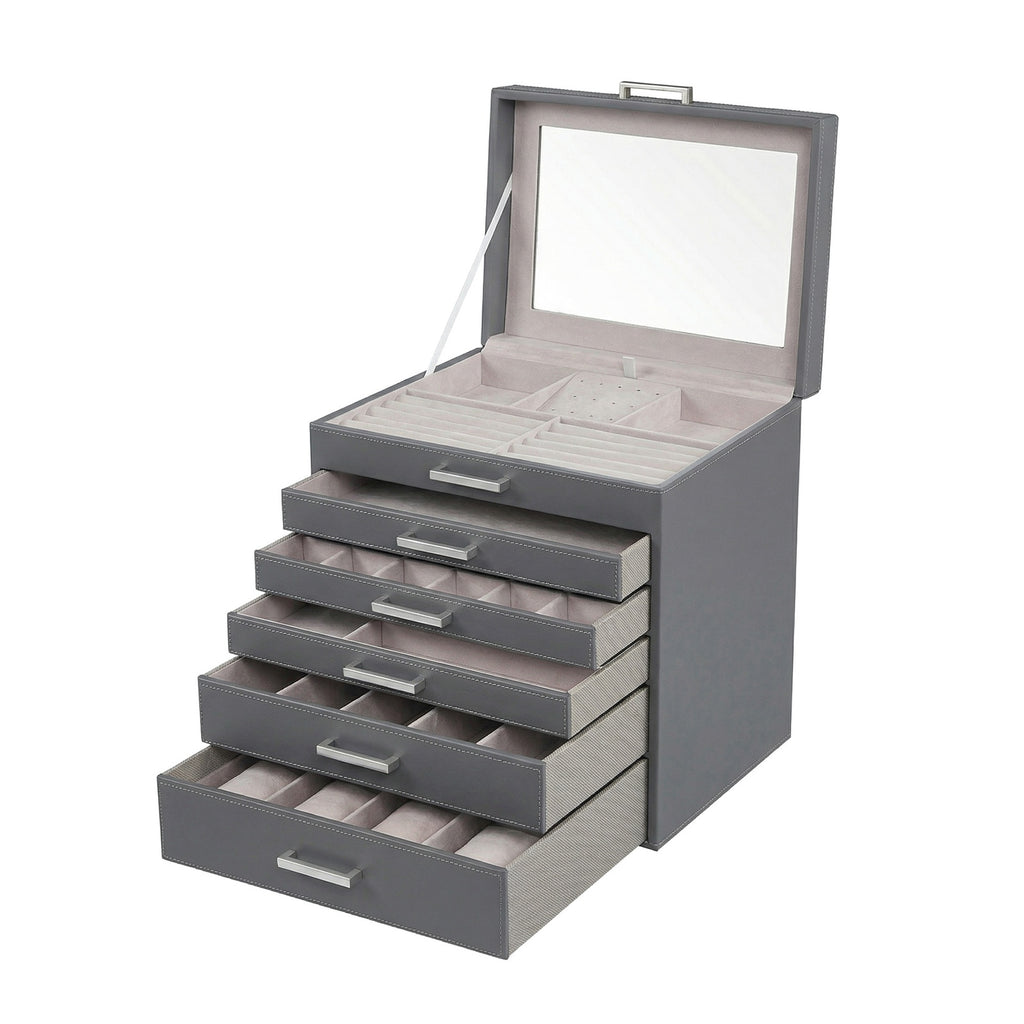 JOYFURNOS Boîte à Bijoux 6 Niveaux, Écrin à Accessoires, avec Grand Miroir, 5 Tiroirs, Rangement pour Bijoux, Moderne, Gris