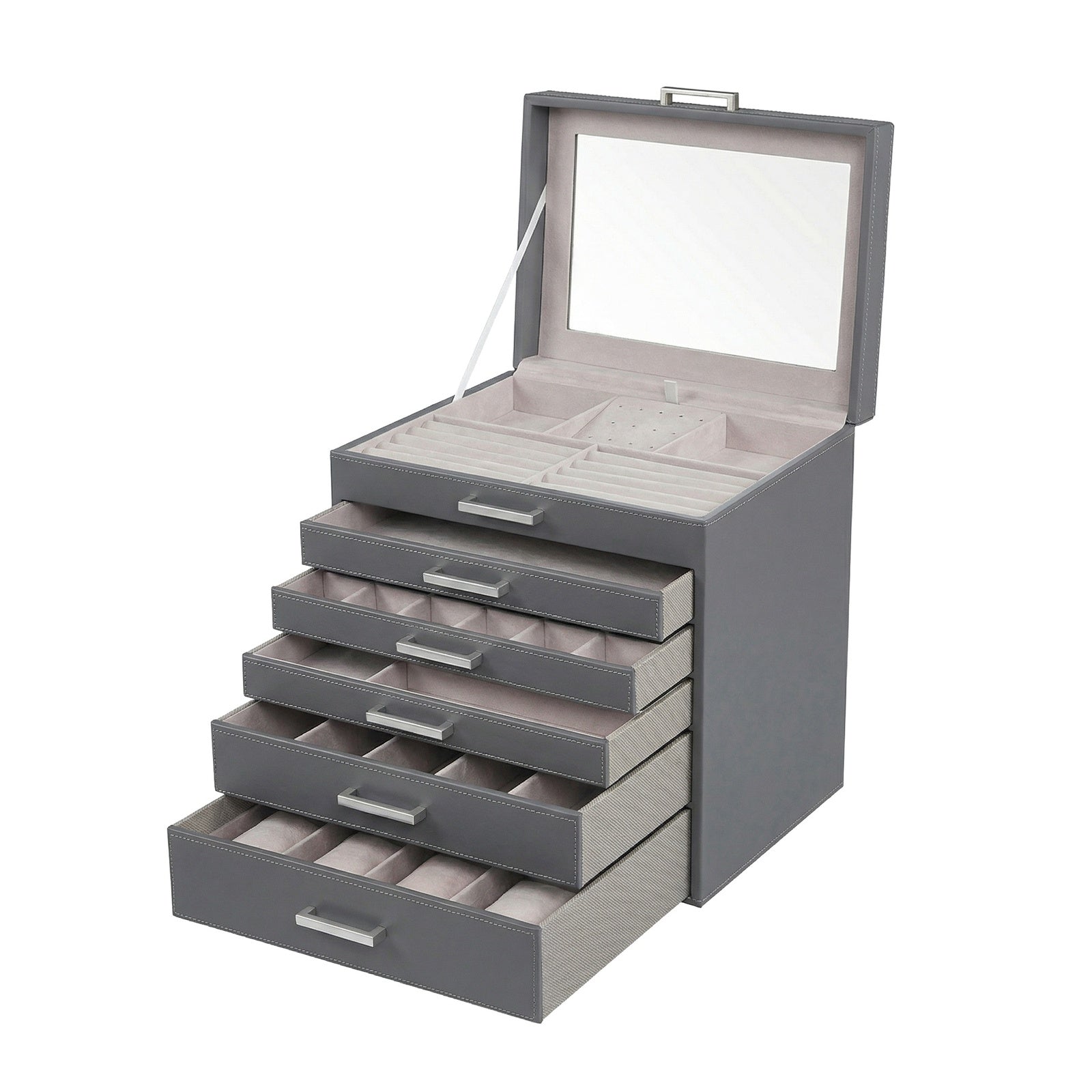 JOYFURNOS Boîte à Bijoux 6 Niveaux, Écrin à Accessoires, avec Grand Miroir, 5 Tiroirs, Rangement pour Bijoux, Moderne, Gris