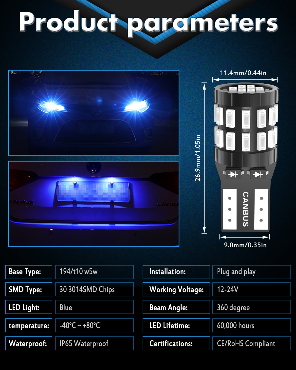 Katur 194 T10 W5W 501 168 Ampoule LED bleue super lumineuse 12-24 V CANbus sans erreur, Remplacement d'ampoule LED pour plafonnier, liseuse, éclairage de porte