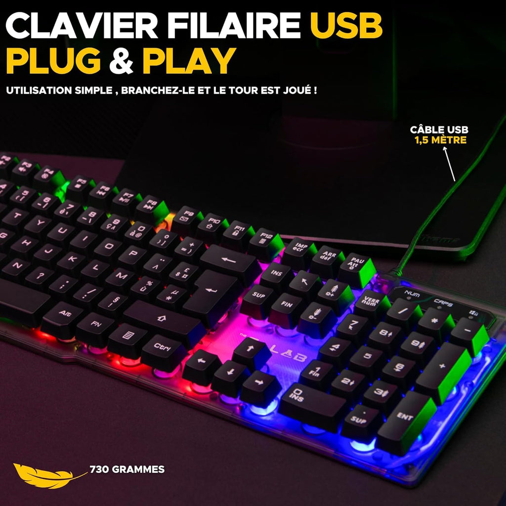 THE G-LAB Keyz Neon Clavier Gaming Membrane Filaire RGB, Taille Complète - AZERTY - Noir