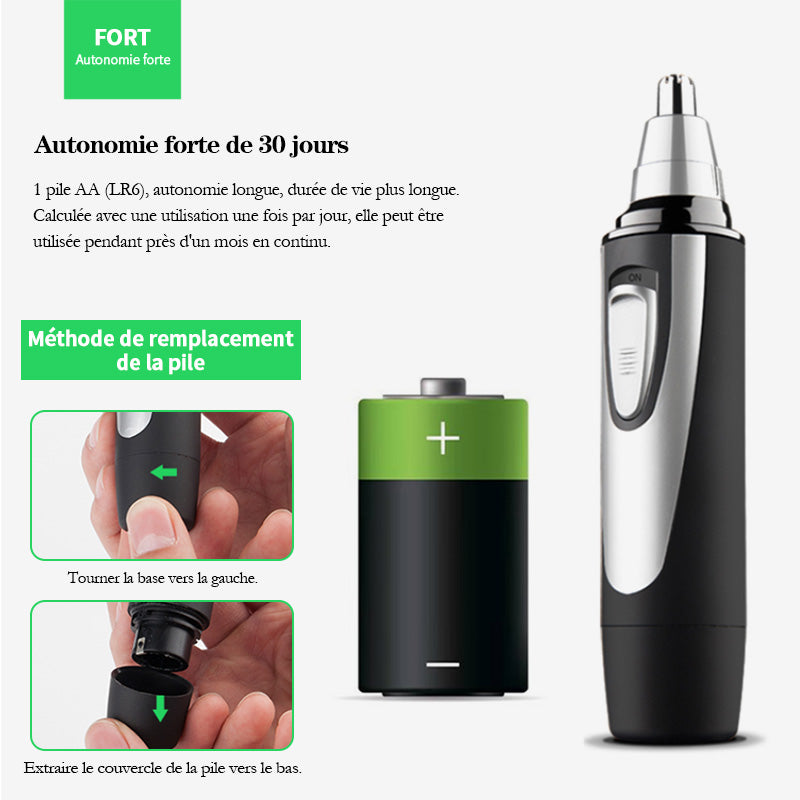 Tondeuse pour poils d’oreilles et de nez Sparoma, à piles, étanche IPX7, lames en acier inoxydable avec capuchon protecteur – TC-3550, Noir