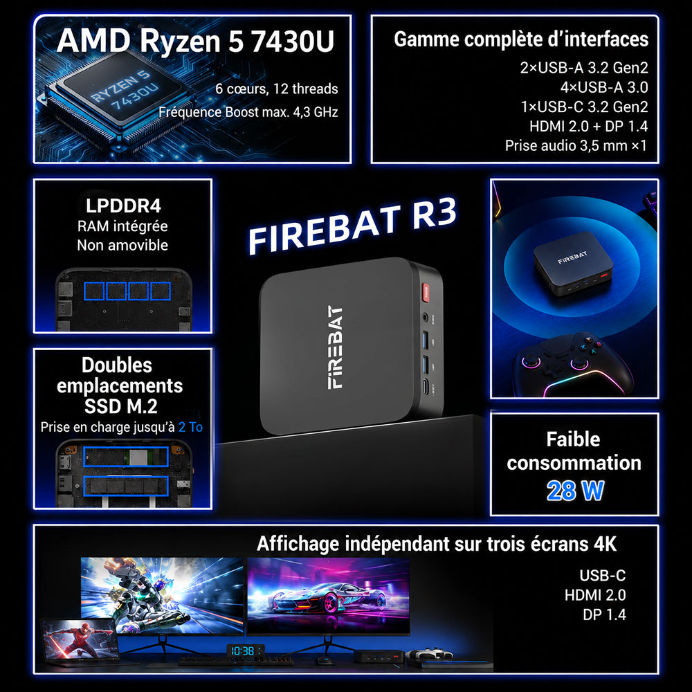 FIREBAT R3 Mini PC : AMD Ryzen 5 7430U (6 cœurs/12 threads), 16 GB RAM LPDDR4, 512 GB SSD, prend en charge l'affichage triple écran 4K, Wi-Fi 6, Bluetooth 5.2