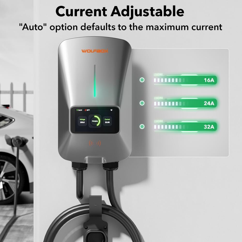 WOLFBOX AC07 Station de recharge 32 A pour voiture électrique 7 kW Type 2 monophasé chargeur mural avec écran LCD contrôle via application carte RFID
