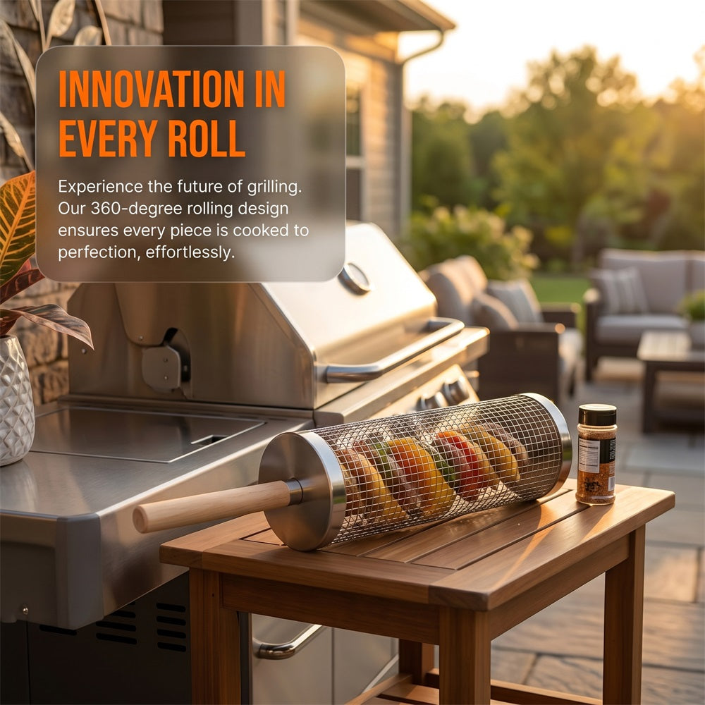 Huacan Panier de Barbecue Cylindrique Rotatif et Roulant en Acier Inoxydable, pour Fumage Extérieur, Portable, Grand