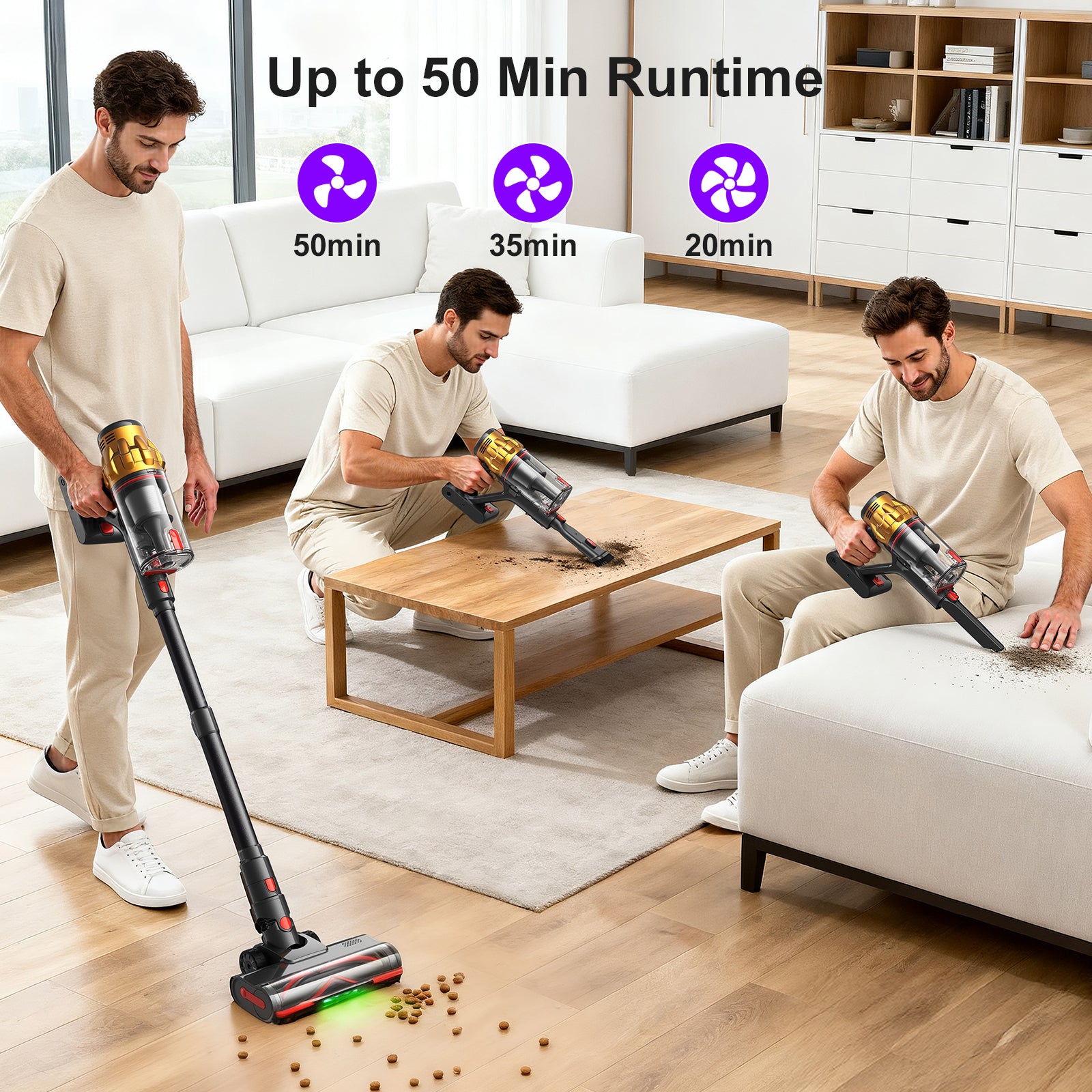 Lubluelu G11 Aspirateur balai sans fil avec puissance d’aspiration 45kPa avec brosse anti enchevêtrement, tête LED verte améliorée et 12 accessoires inclus - 43 x 30,2 x 19,5 cm / 3,5 kg