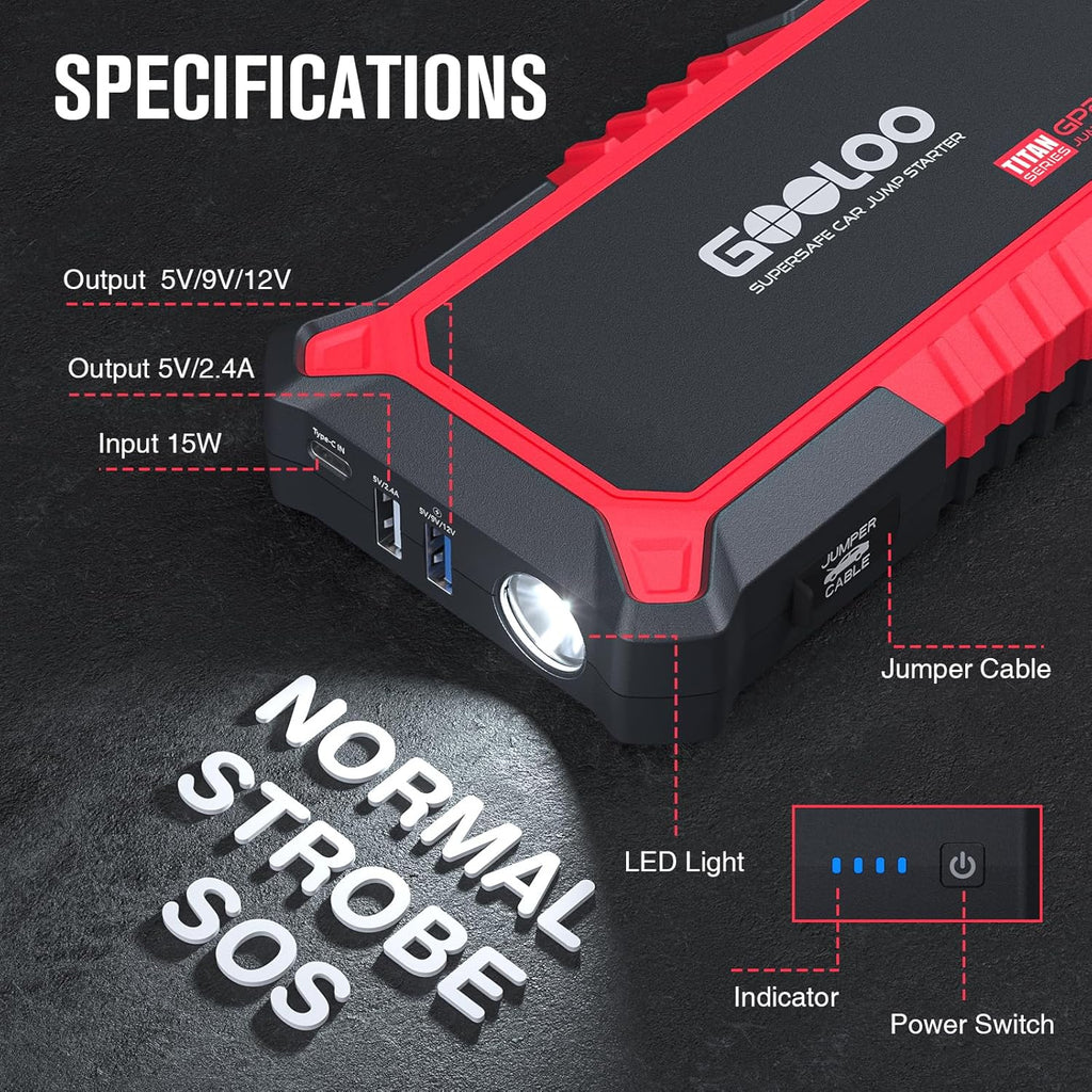 Démarreur de voiture GOOLOO GP2000 et batterie externe, 2000A, boosteur 12V extrêmement sûr, portable, pour moteurs à essence de 8,0L et à diesel de 6,0L