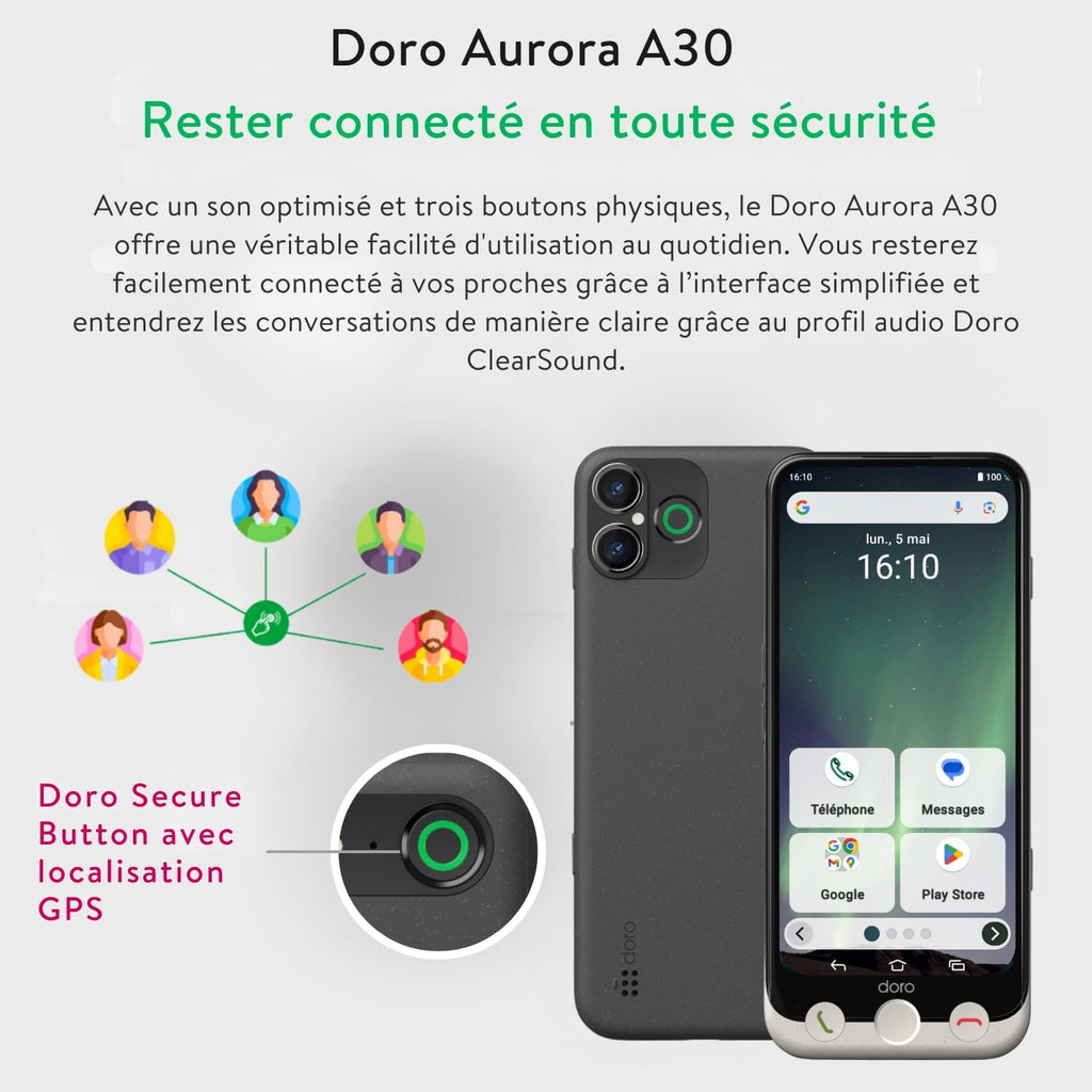 Doro Aurora A30 Smartphone pour Seniors, Téléphone Portable Senior