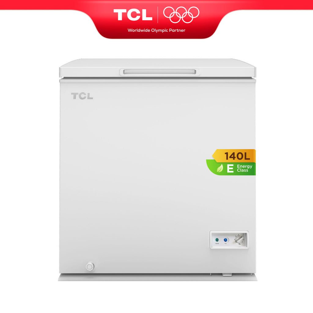 TCL CF182EWE0FR Congélateur 140 L, panier de rangement inclus, couvercle à équilibrage par contrepoids, convient pour diverses applications, thermostat réglable, pieds réglables