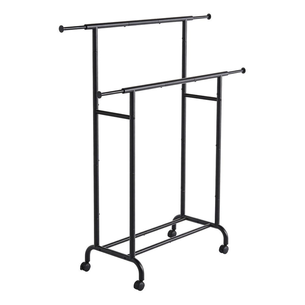 JOYFURNOS Portant à Vêtements Double avec Roulettes, Tringle à Vêtements Réglable, Cadre en Métal Robuste pour Chambre, Charge de 80 kg, Noir