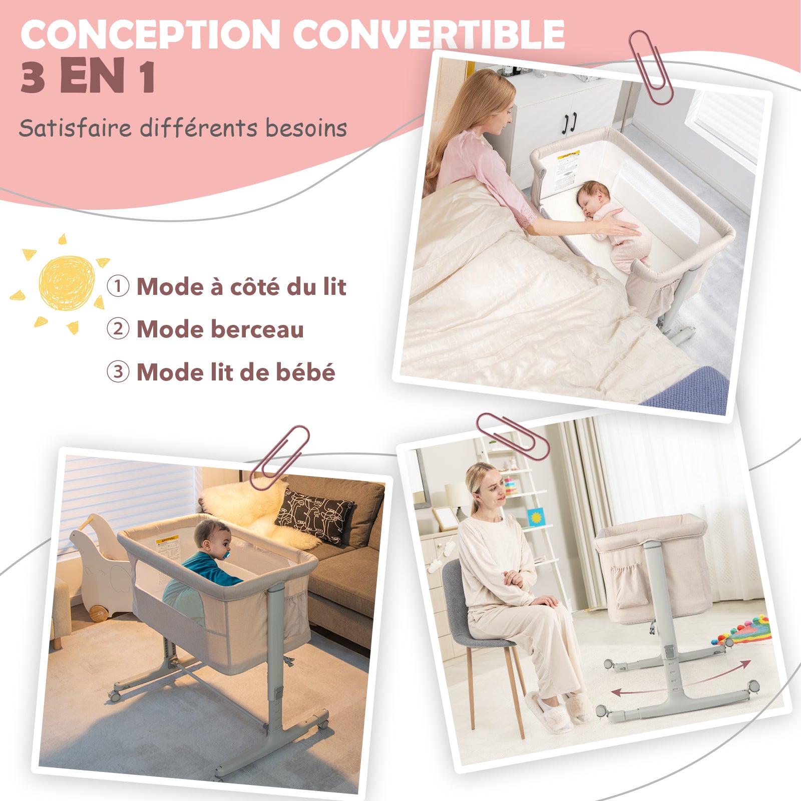 Berceau de chevet portable pour bébé avec 5 hauteurs réglables et sac de voyage - Beige