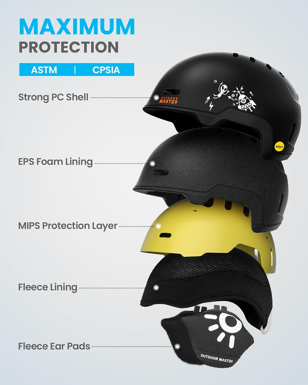 OutdoorMaster Casque de ski enfant MIPS Reindeer pour garçons, filles et adolescents Noir XS