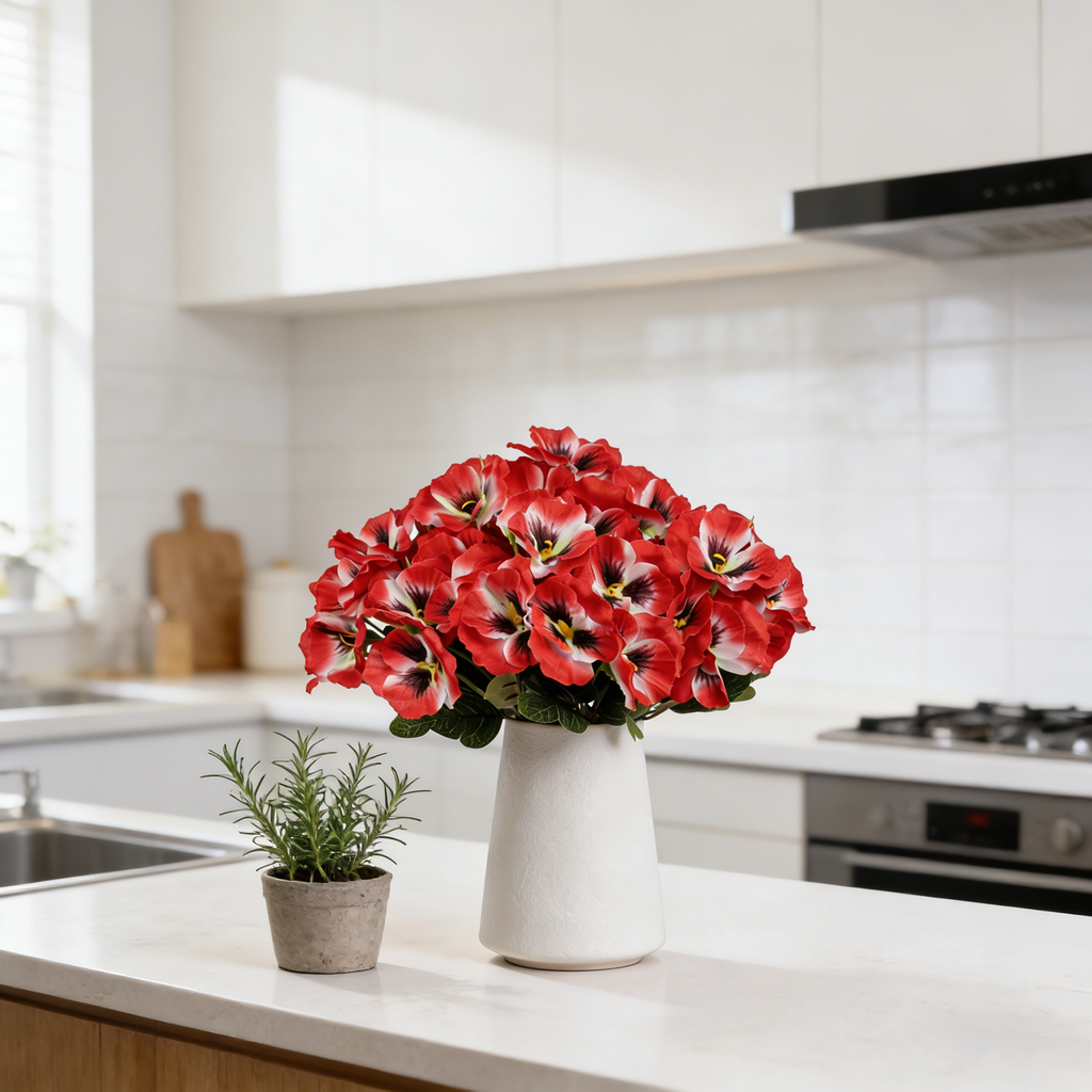 Yuejia Bouquet de 4 fleurs artificielles pensées 28 cm - Rouge