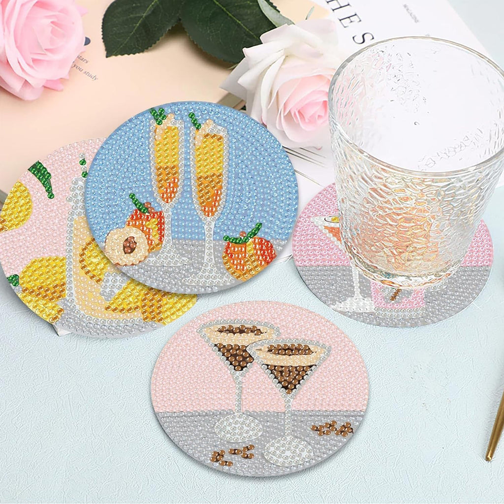 Ju7cer Lot de 6 sous-verres de peinture diamant 5D avec support - Art cocktail DIY pour tables à boissons et de café