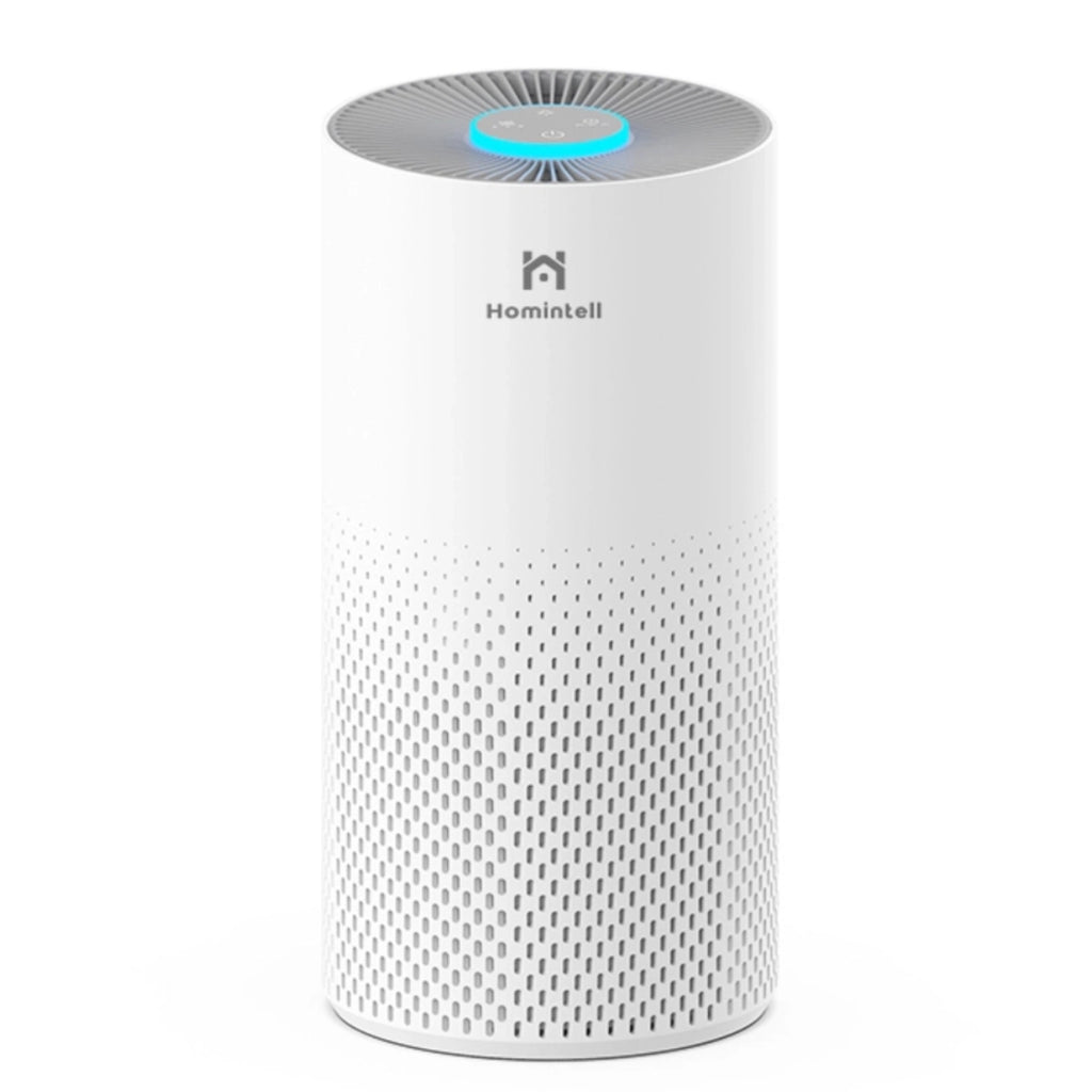 Homintell Purificateur d’air - CADR 150 m³/h, 3 vitesses, filtres HEPA et à charbon, minuterie 8 h, commande tactile, lumière d’ambiance 7 couleurs, idéal pour pièces de 18 m²