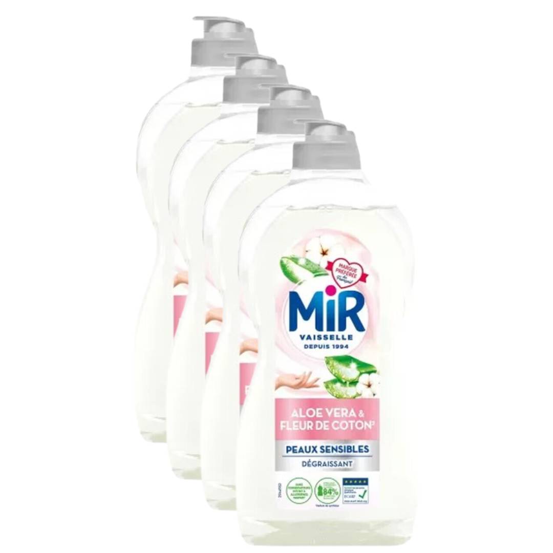 MIR Liquide Vaisselle Fleur de Coton & Aloe Vera, Peaux Sensibles, 4 x 450 ml (= 1,8 L)