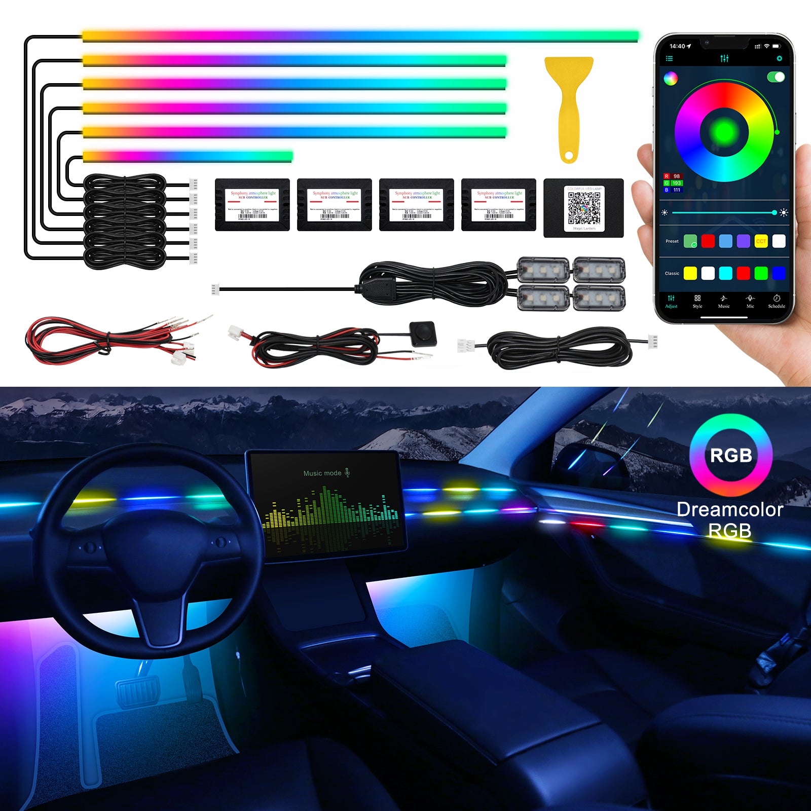 Bande lumineuse LED acrylique intérieure de voiture Dreamcolor, compatible avec contrôle sans fil via application, RGB 10-en-1