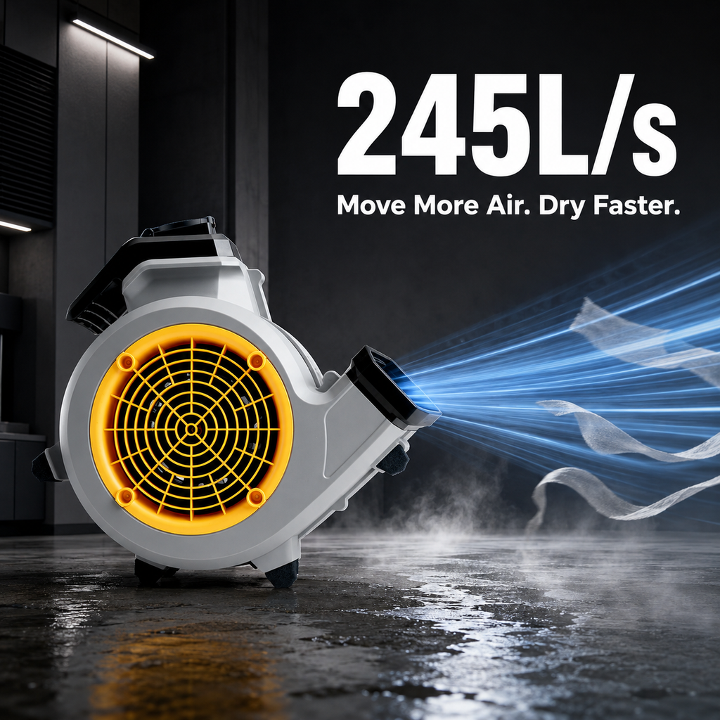Vacmaster AM1202 Air Mover – Ventilateur de sol 124 W, 3 vitesses, débit d'air 245 L/s, inclinaison réglable, connexion en série jusqu'à 12 appareils, pour séchage, refroidissement et ventilation