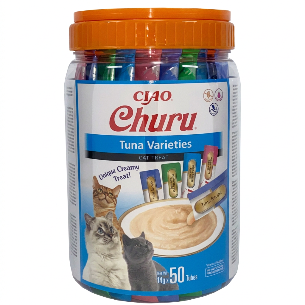 INABA Churu Friandises et nourriture pour chat, Saveur thon, Lot multiple de 50, Protéines de thon haut de gamme