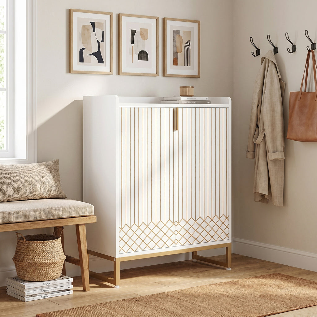 LANTINE Meuble à chaussures en bois avec portes et 5 niveaux pour 25 paires - Blanc