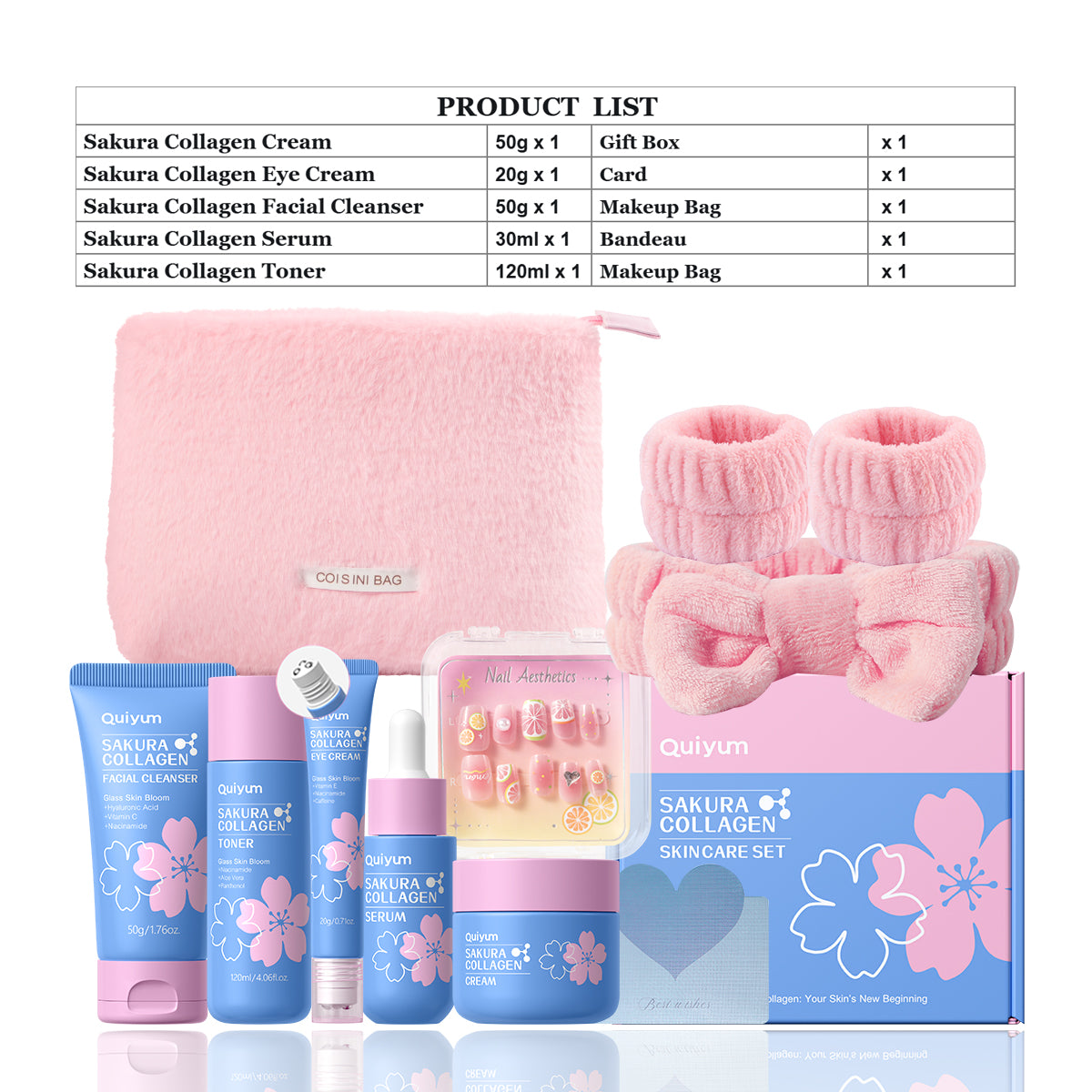 Quiyum Kit de soins au collagène Sakura (8 pièces) : Comprend nettoyant 50g, tonique 120ml, sérum 30ml, crème contour des yeux 20g, crème 50g, serre-tête