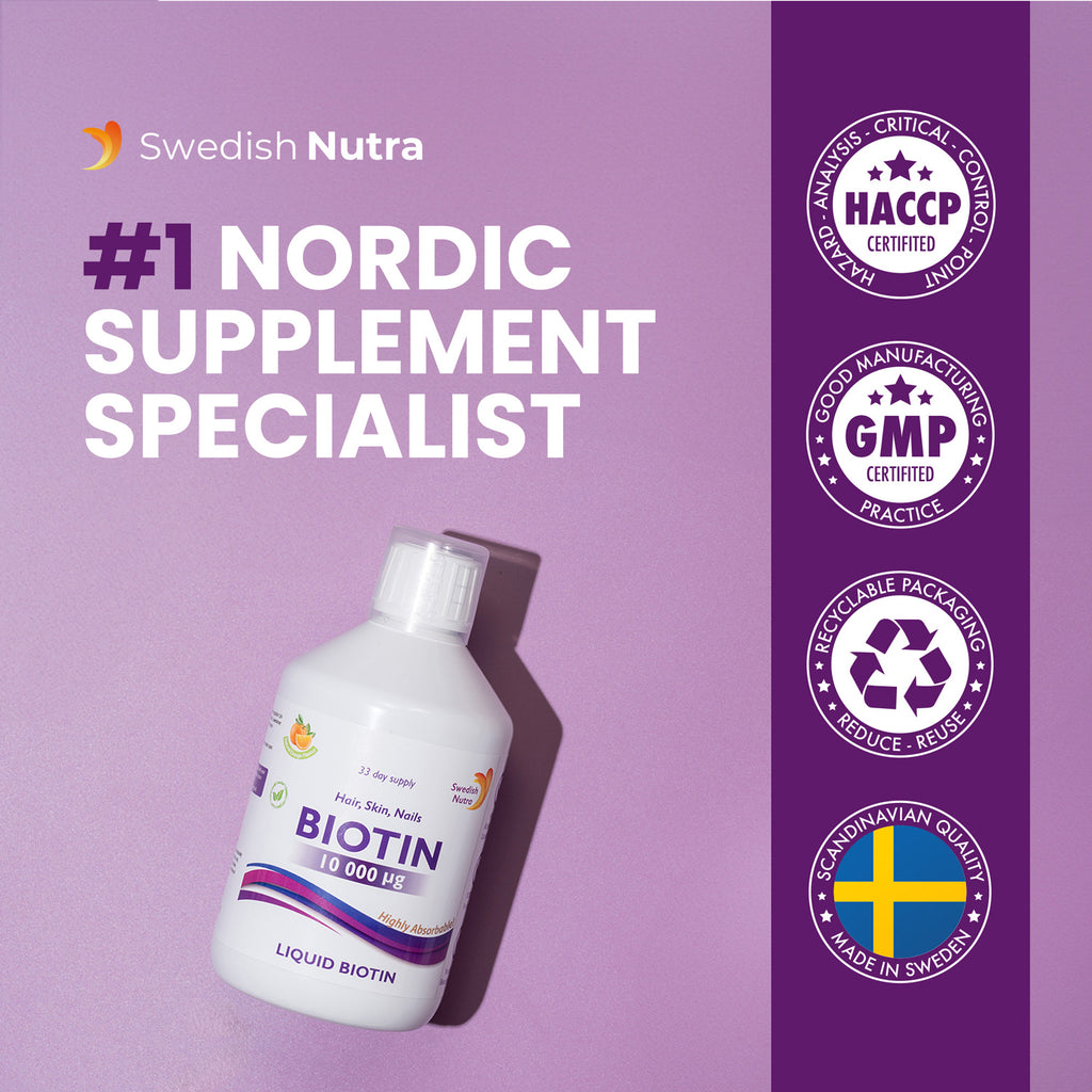 Swedish Nutra Biotine Liquide 10 000µg 500 ml – Biotine & Vitamine C pour Cheveux, Peau et Ongles | absorption rapide, vegan, sans gluten, arôme naturel d'orange 100%