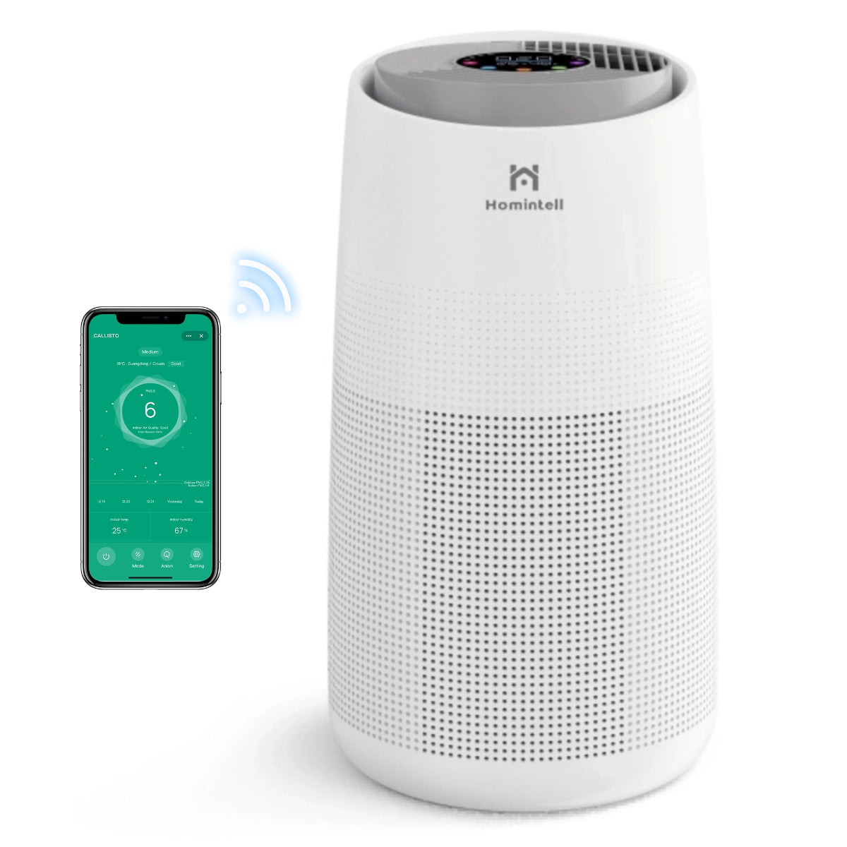 Homintell Purificateur d'air intelligent - CADR 300 m³/h, contrôle Wi-Fi, filtre HEPA H13 et charbon actif, stérilisation UV et ioniseur, minuterie 8 h, idéal pour des pièces de 36 m².