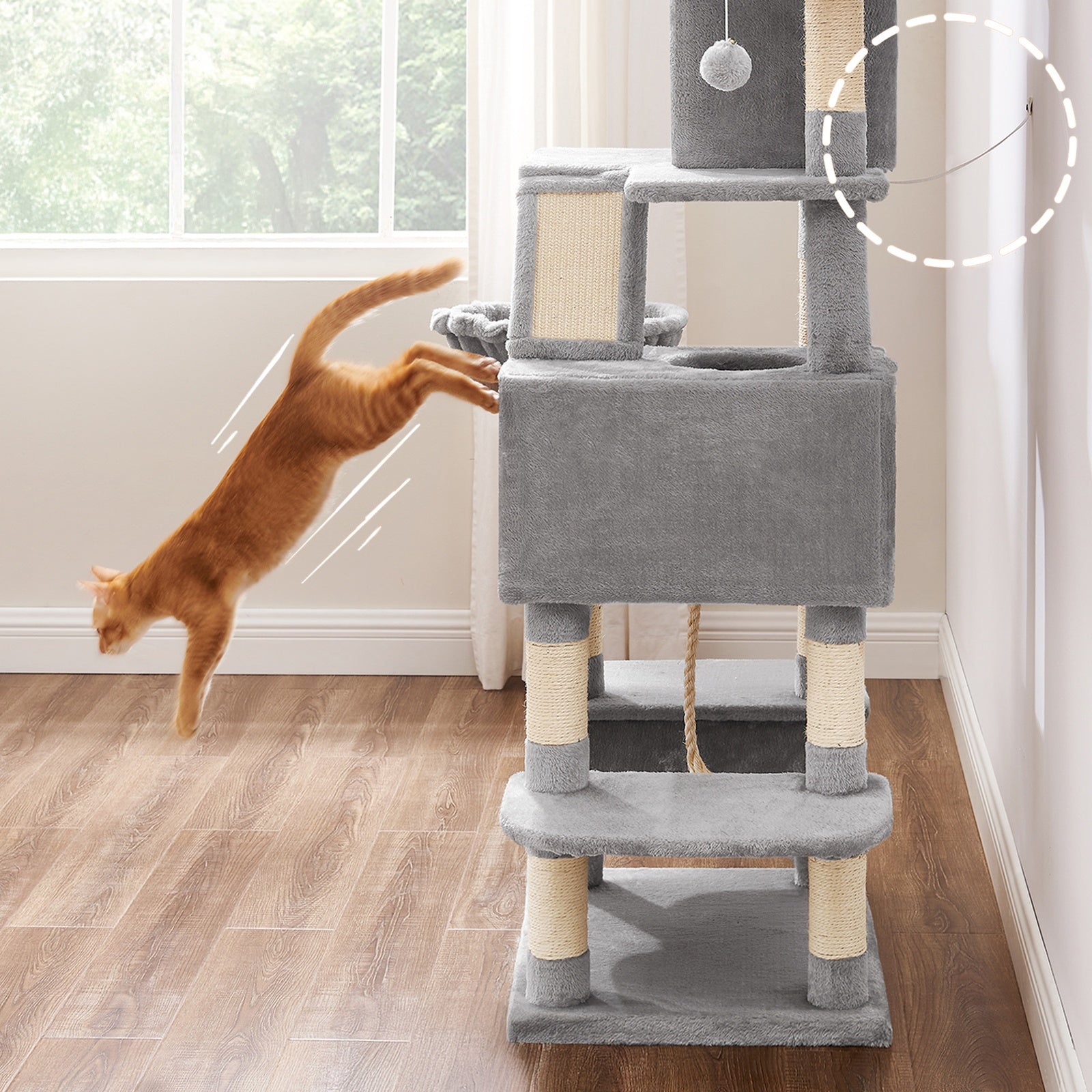 JOYFURNOS Arbre à chat, grande tour pour chat de 168 cm avec 13 poteaux à griffer, 1 rampe à griffer, 2 perchoirs, 2 niches, panier, hamac, pompons, gris clair
