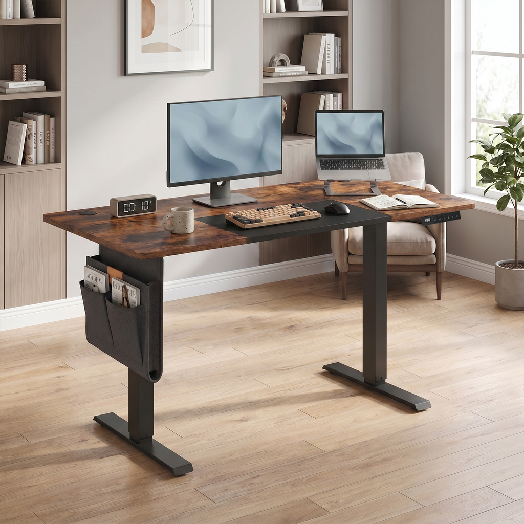 JOYFURNOS Bureau électrique avec 4 préréglages mémoire, 140 x 60 cm, réglage de hauteur continu, port USB-C, marron vintage et noir encre