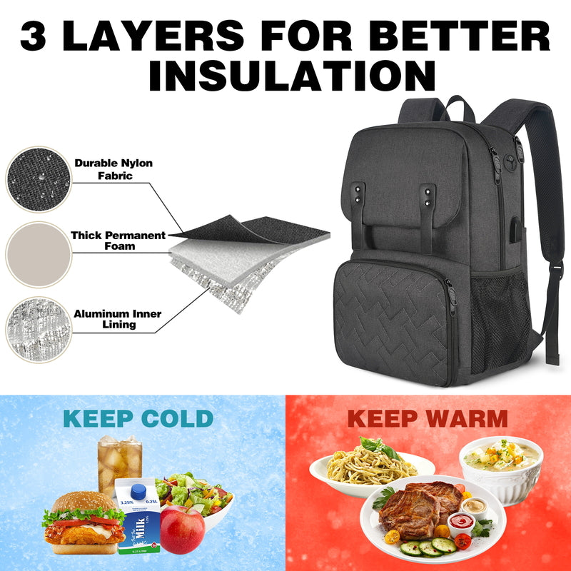 Sac à dos isotherme d’été 15,6 pouces pour déjeuner et ordinateur portable avec compartiment isotherme, port USB, résistant à l’eau, pour travail, voyage, université et affaires