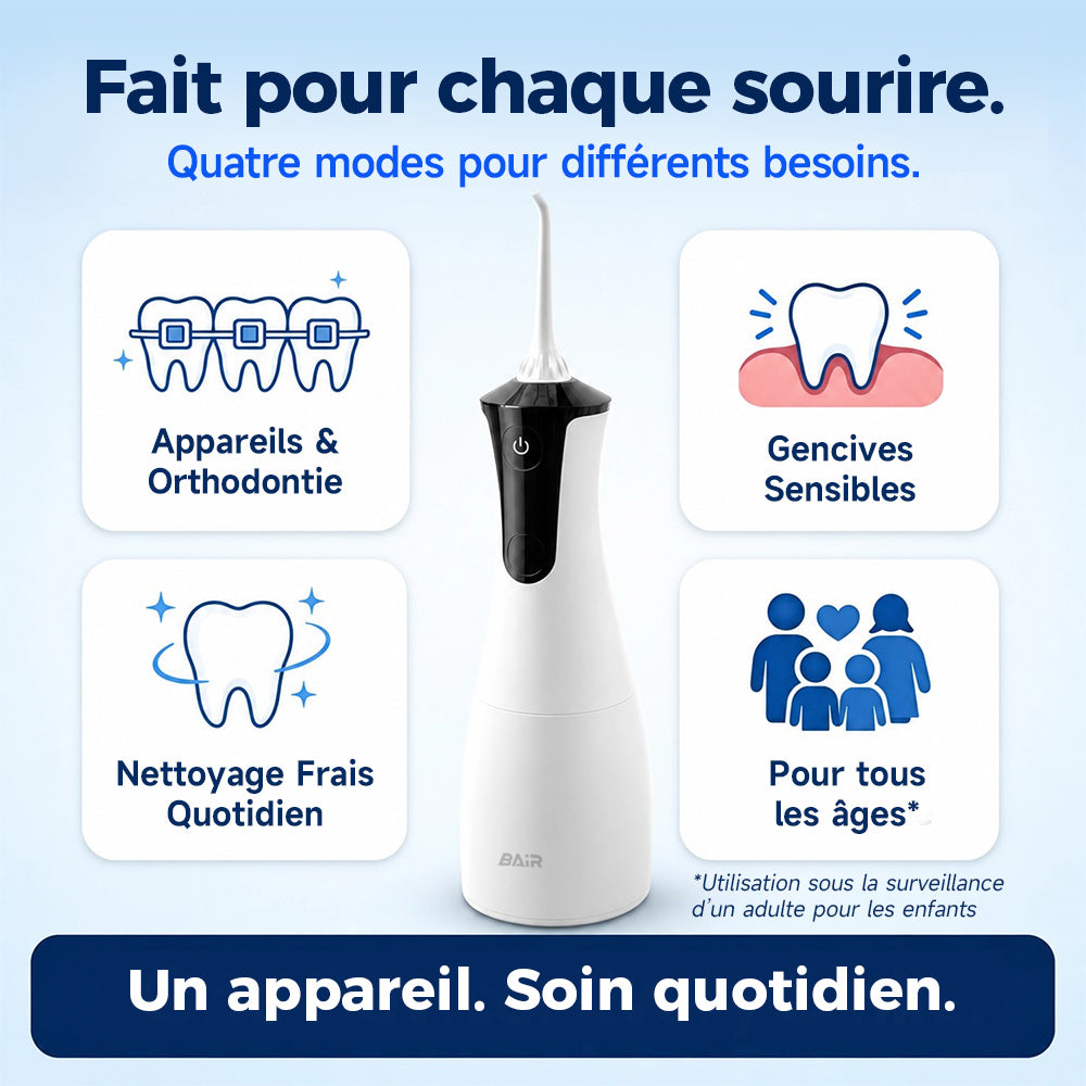 BAIR CARE Hydropulseur dentaire portable M4, Mode pulvérisation pressurisée, Autonomie 30 jours, Rechargeable USB, 4 modes de nettoyage, Étanche IPX7