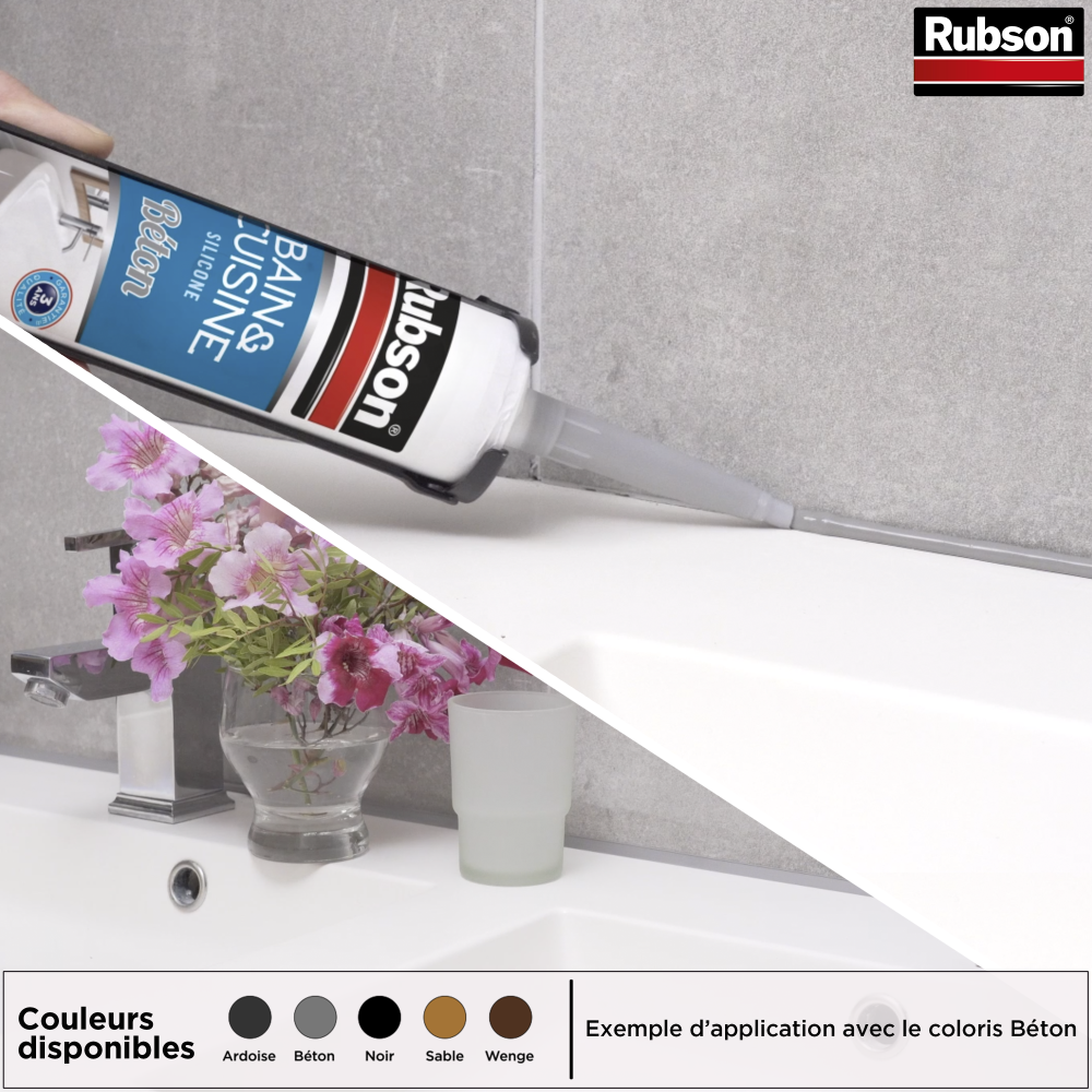 Henkel Rubson | Mastic Bain & Cuisine Noir Intense (cartouche de 280 ml) – Joint silicone multi-matériaux renforcé en antifongiques – Mastic sanitaire coloré, souple & étanche