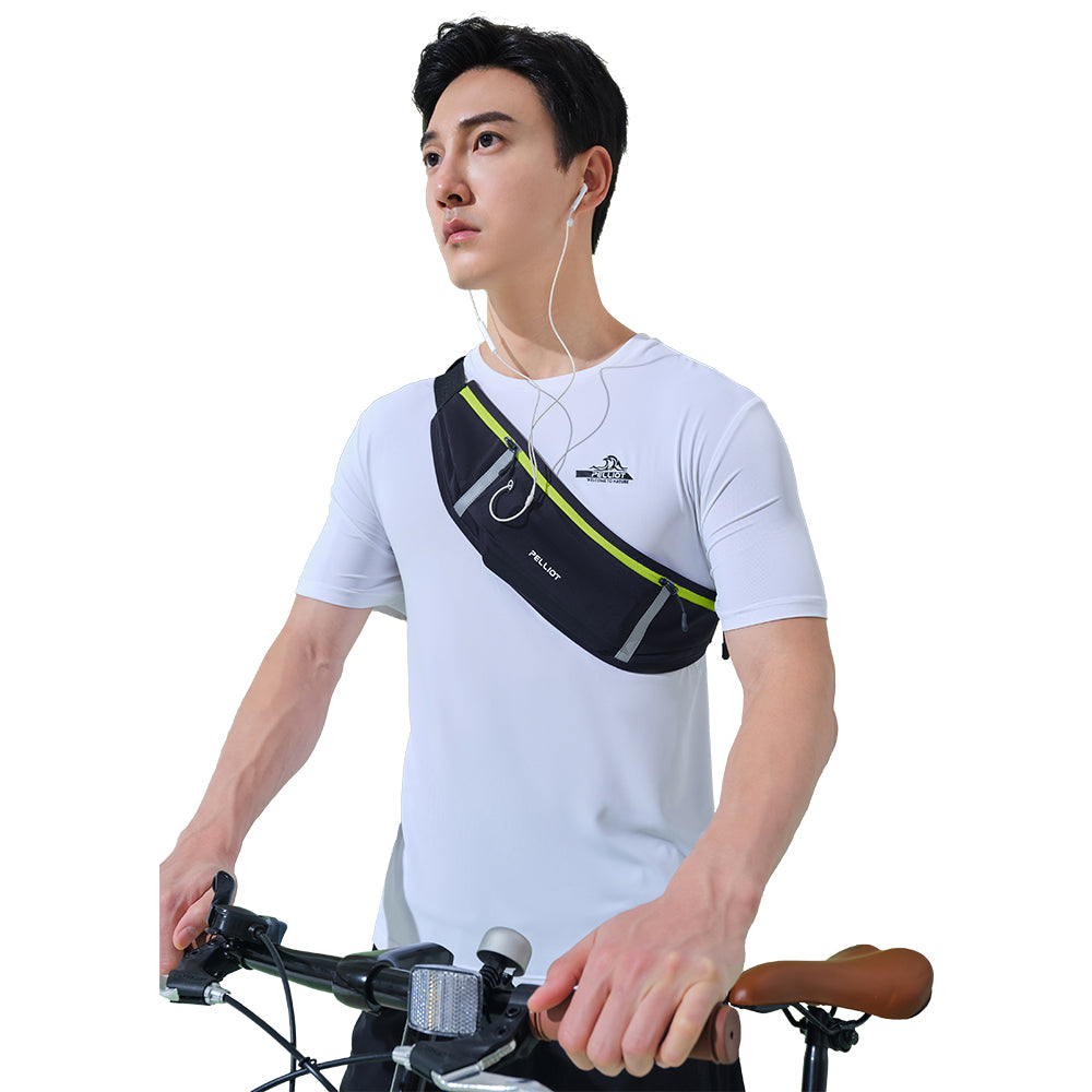 PELLIOT Sac banane Unisexe Sport Extérieur Mains Libres Pratique – Contraste saisissant avec des accents verts fluorescents, Noir obsidienne