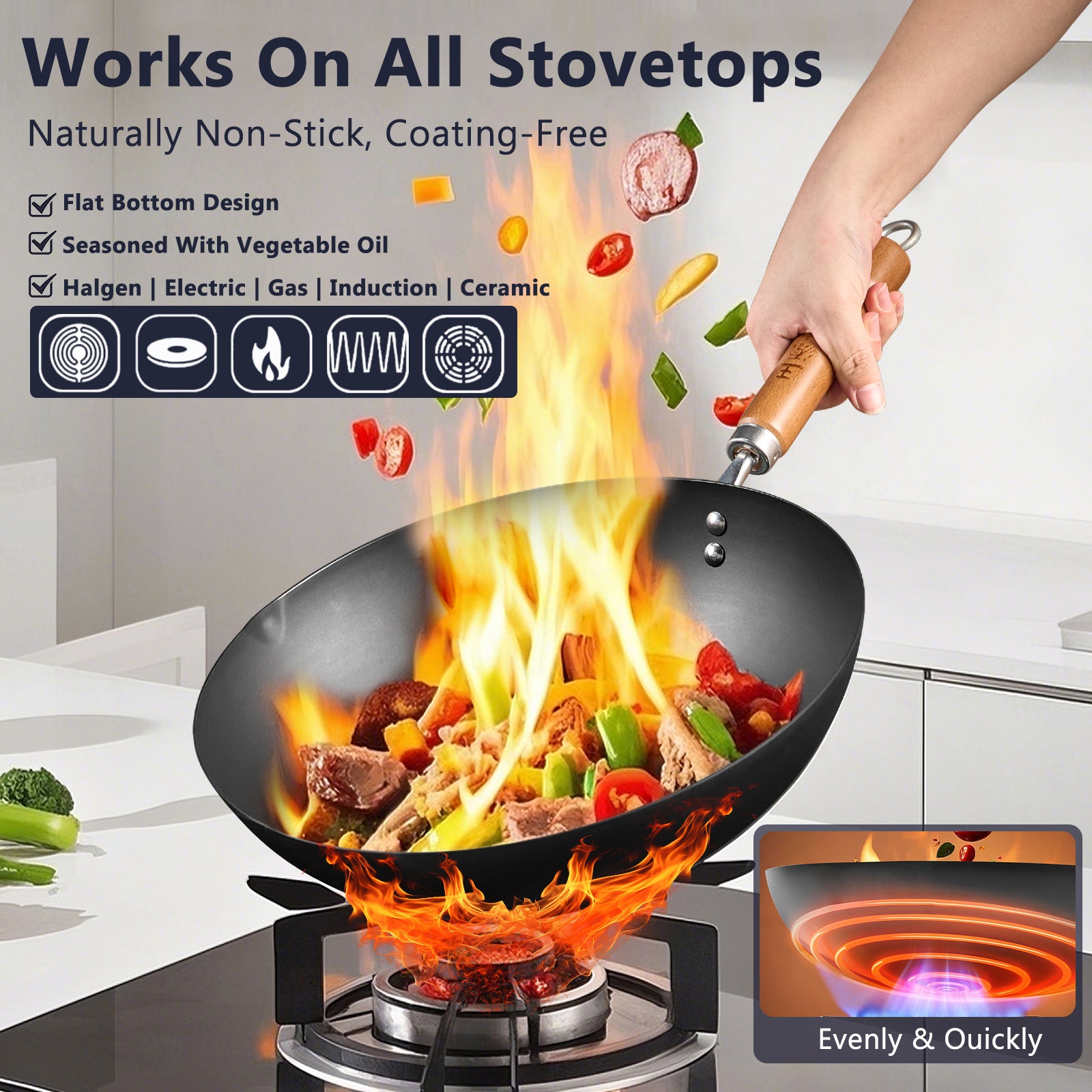 wangyuanji 11,8" Woks et poêles à sauter chinoises en acier au carbone, Poêle à rôtir chinoise à fond plat avec couvercle en verre, Compatible avec toutes les plaques de cuisson