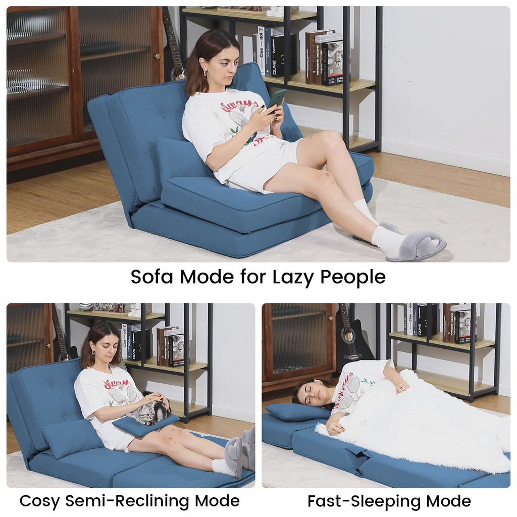 COMHOMA Canapé-lit pliant, 3-en-1 avec dossier réglable à 6 niveaux, 2 coussins lombaires, convient pour salon, chambre et camping, Bleu