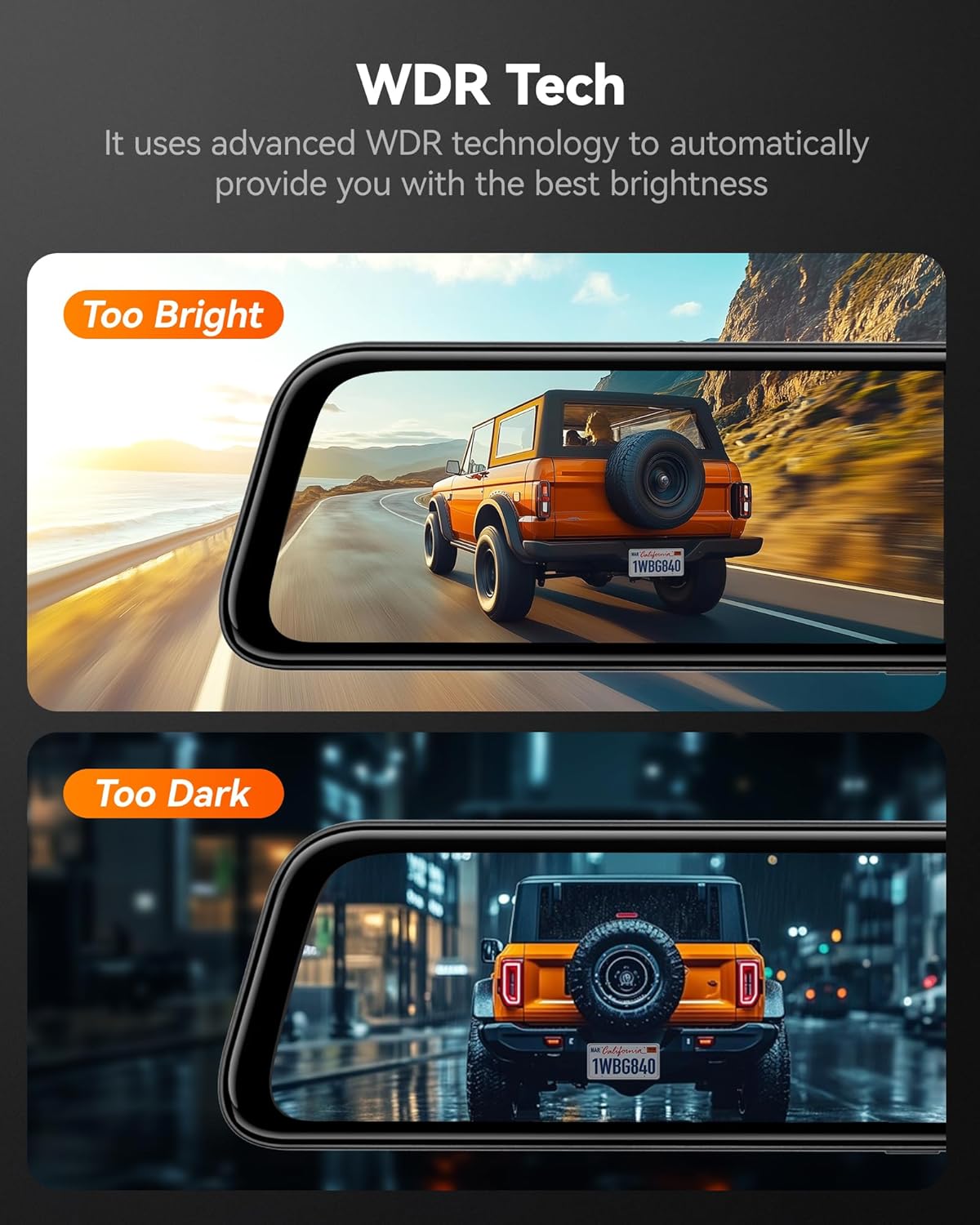 WOLFBOX G840S 12" 4K Dashcam avec rétroviseur, caméra de recul, miroir rétroviseur intelligent WiFi 5,8 GHz pour voitures et camions, double caméra avant et arrière, vision nocturne