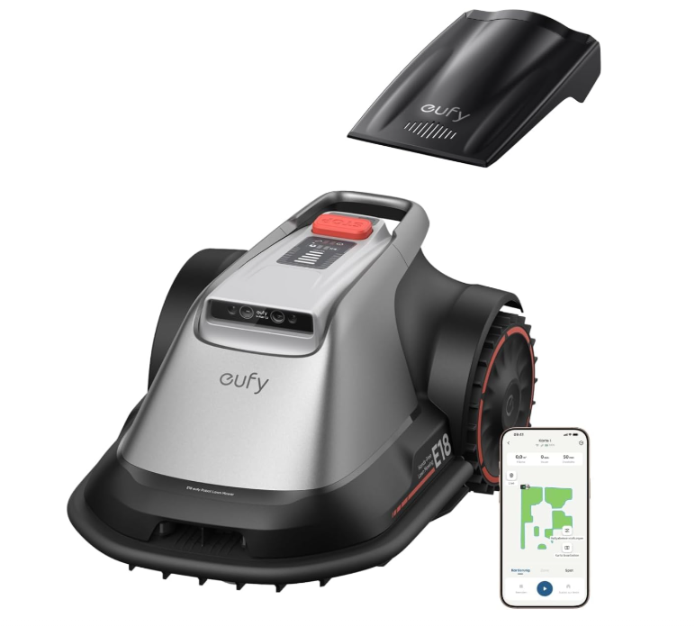 Tondeuse Robot eufy E18, sans Fil Périphérique/RTK/Perte de Signal. TrueVision + GNSS pour pelouses jusqu'à 1200 m². Tonte précise des bordures, évitement d'obstacles, commande par application.