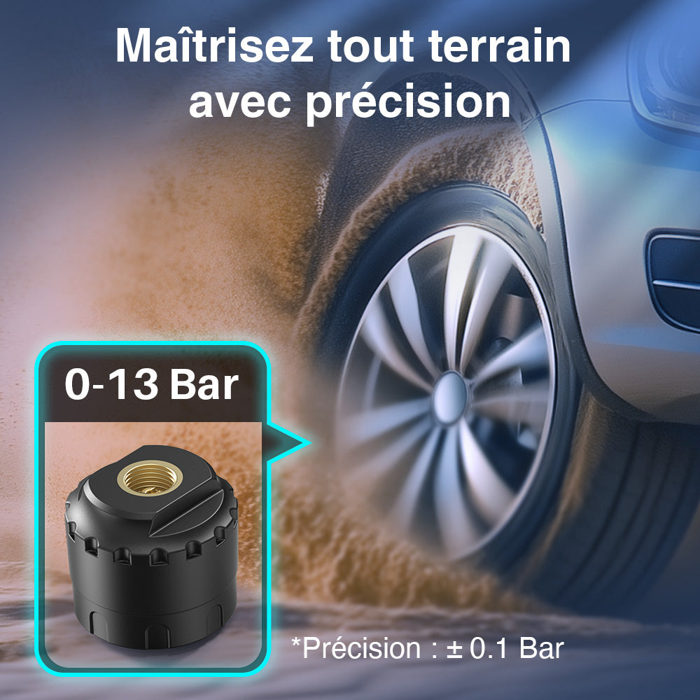 GUTA GT40+4GS02 Système de surveillance de la pression des pneus pour camping-cars/remorques avec 4 capteurs, TPMS de 0 à 188 PSI, chargement solaire, 6 modes d'alarme