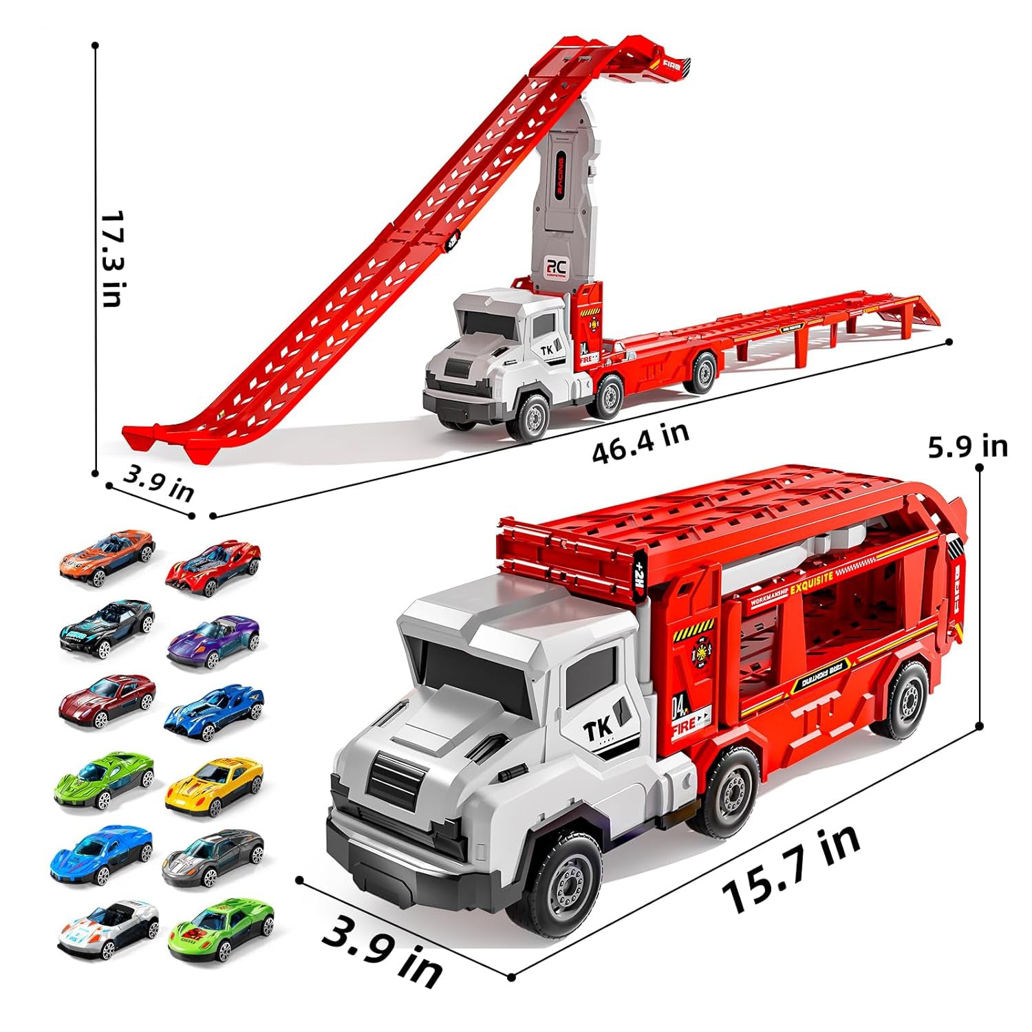 Jouet camion de transport TEMI avec 12 voitures en métal moulé sous pression, support de circuit de course pliable pour enfants