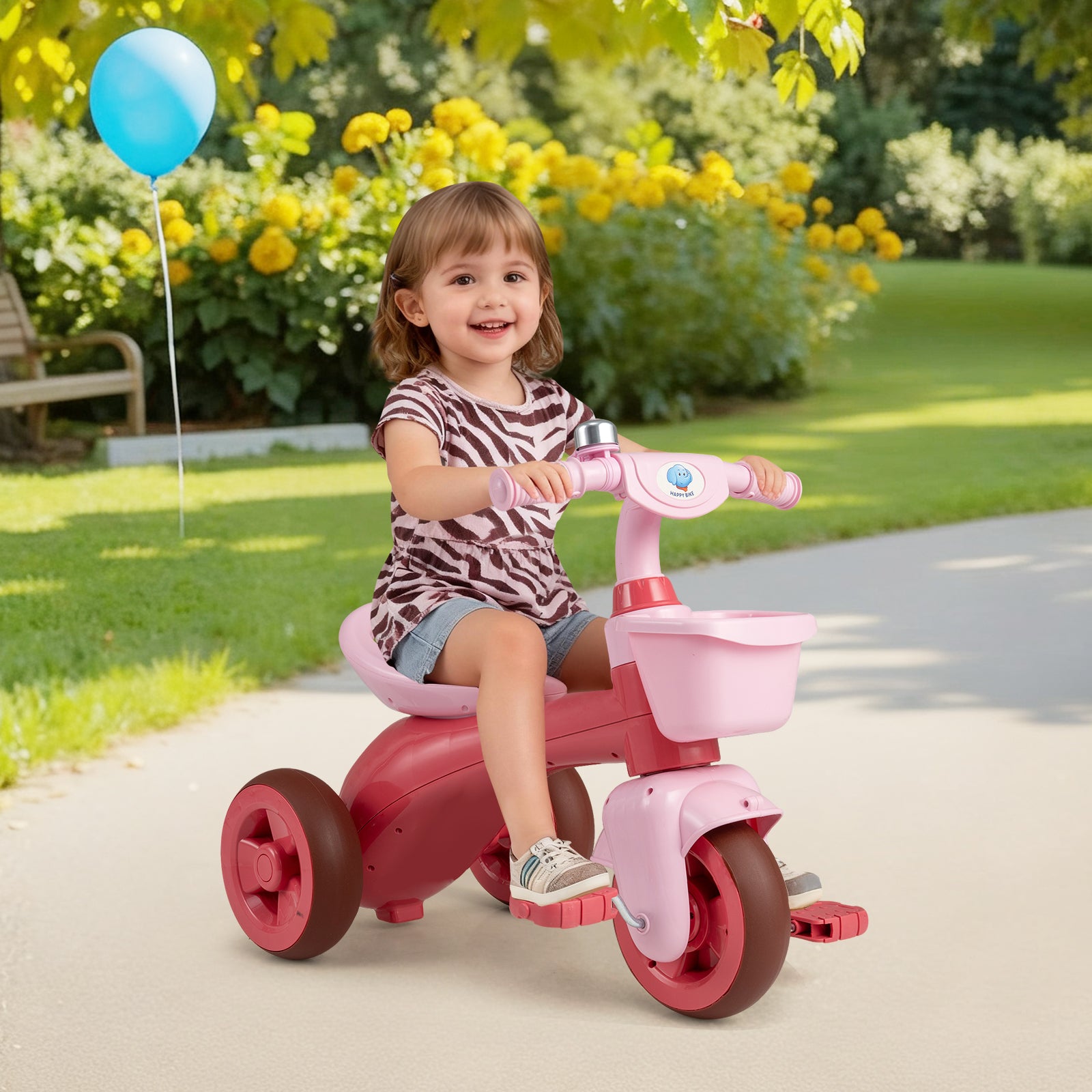 Costway Tricycle pour enfants, Limiteur de direction, Panier avant et sonnette, Rose