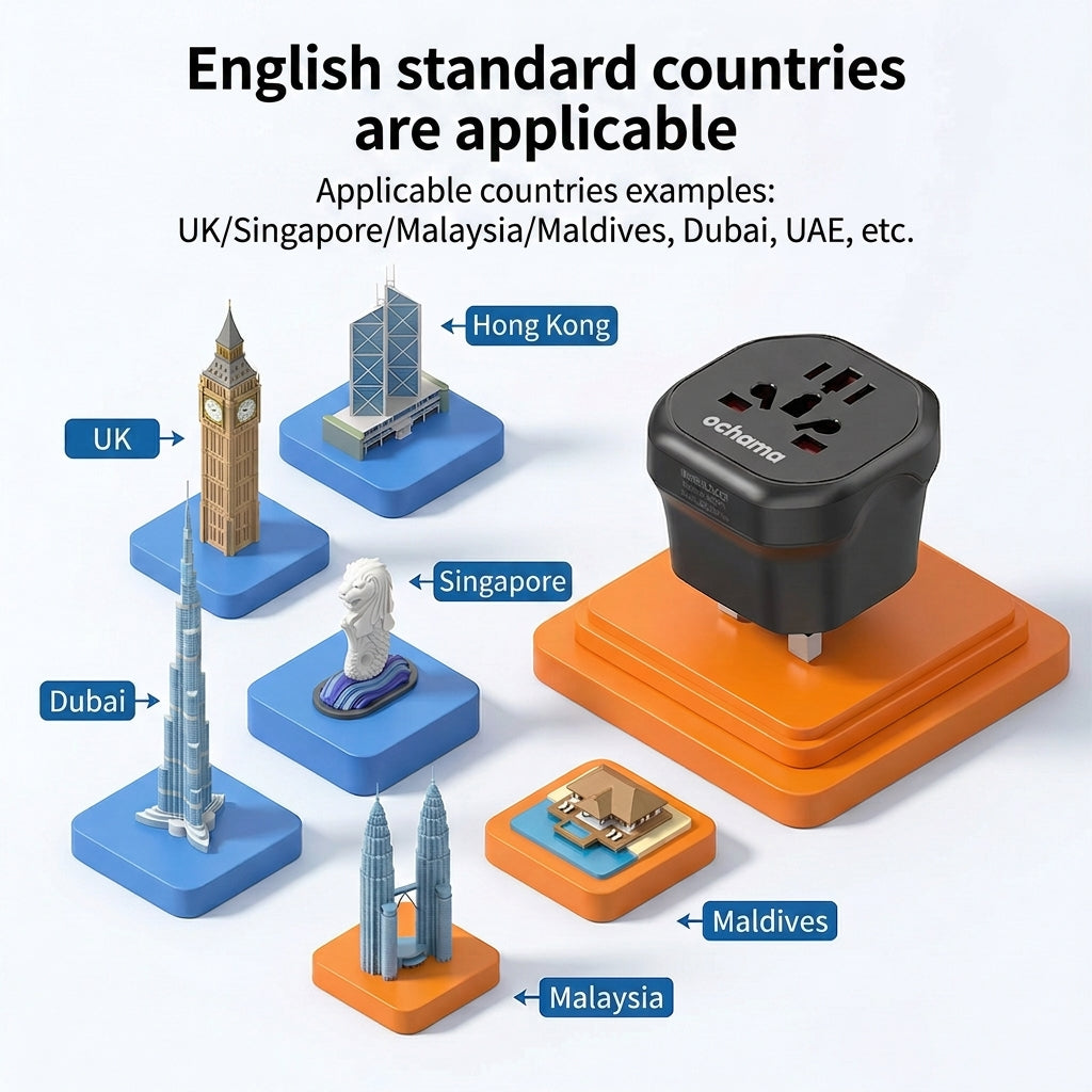 ochama Prise de voyage universelle, protection enfant, matériau résistant à la pression, certifiée CE et UKCA, compatible avec le Royaume-Uni, Singapour, Malaisie, Dubaï, Émirats arabes unis